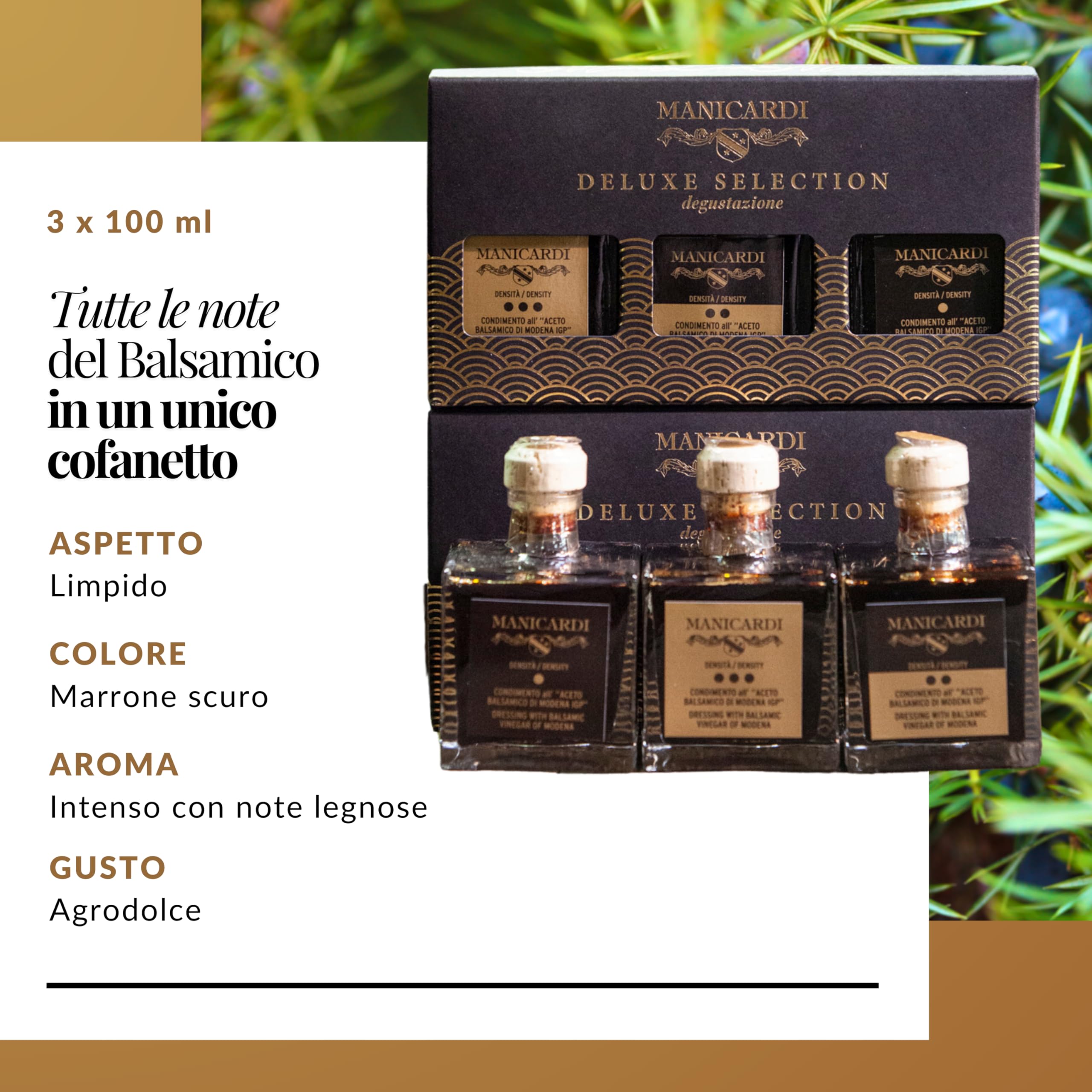MANICARDI Set di 3 Condimenti all'Aceto Balsamico di Modena IGP - Selezionati con Tre Differenti Gradi di Densità - Prodotto in Italia, da 100 ml ciascuno