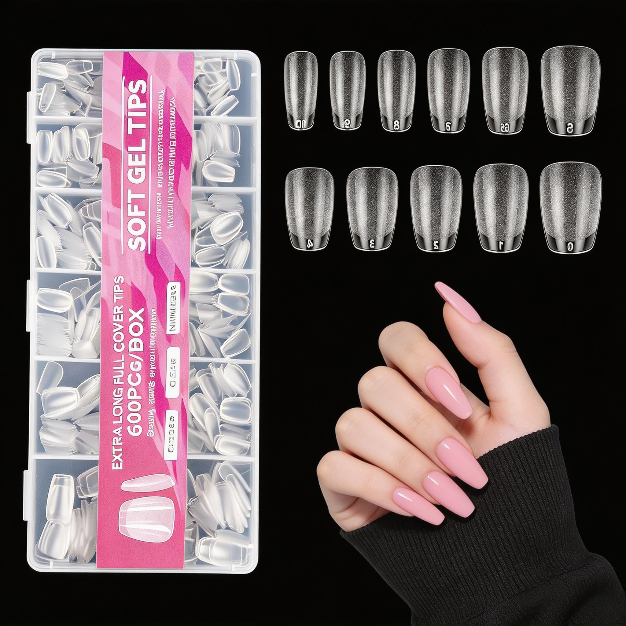 NAIL Extensions Kit 600Pcs Medium Square Nail Tips - 12 Sizes Soft Gel Full Cover Nails-Tips, Clear Acrylic False Press on Nail Tip for DIY Manicure Art Salon