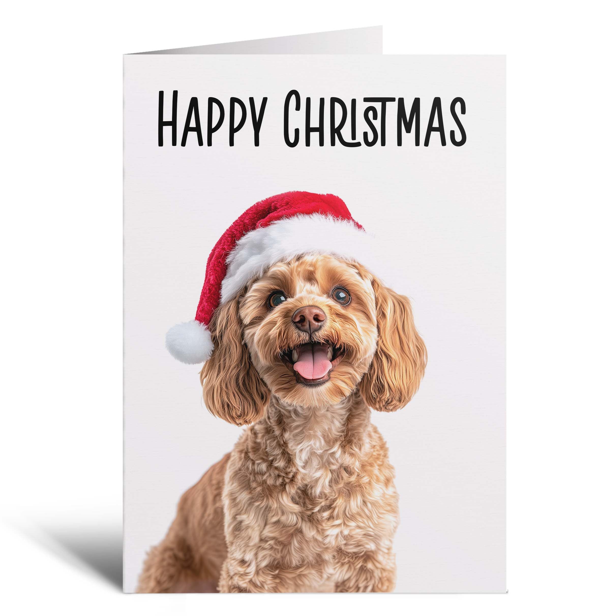Postcard Prints - Fun Christmas Card of a Cockerpoo Dog Wearing A Santa Hat Whimsical Christmas Card For Animal Lover For Him or Her - 5 Cards