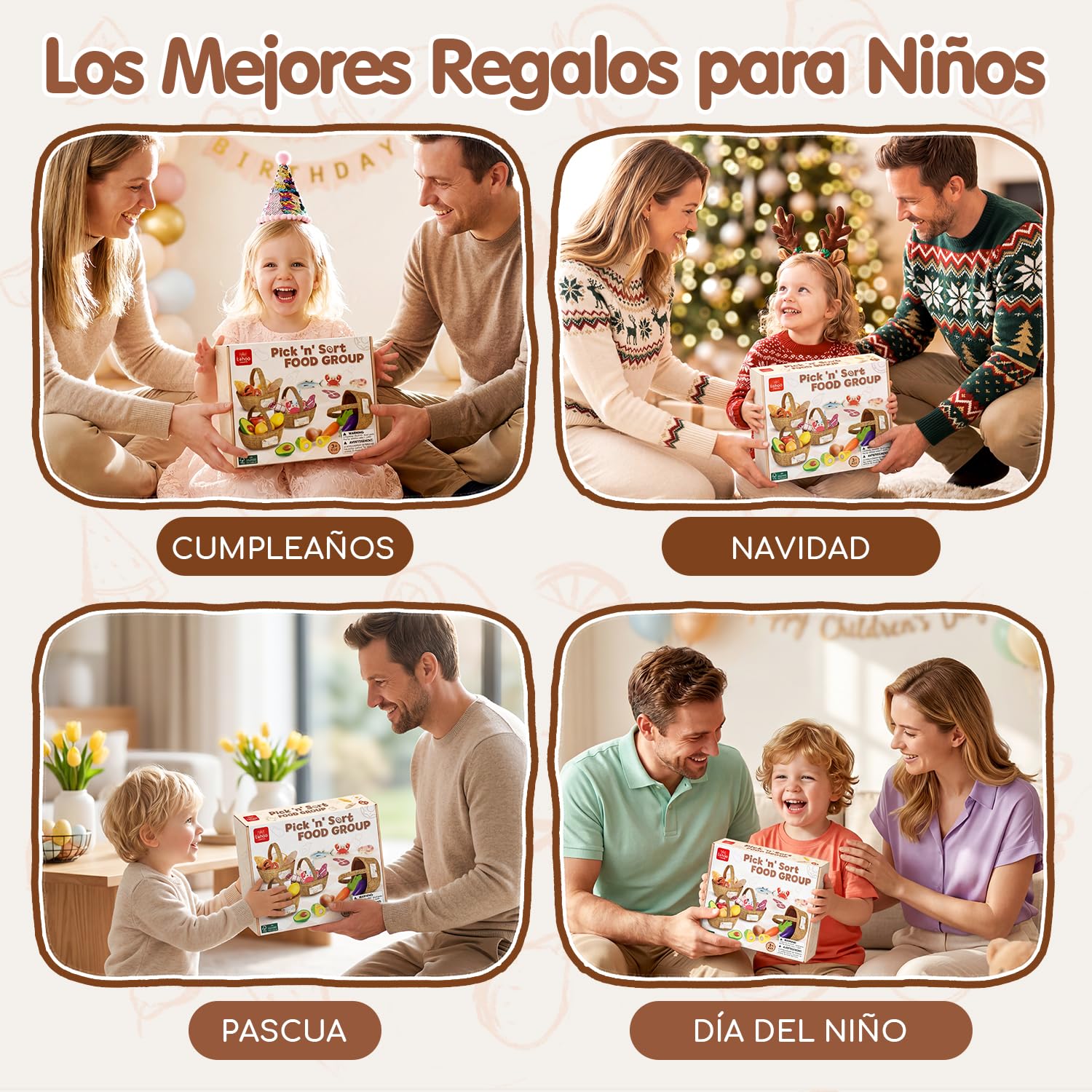 Lehoo Castle Juguetes de Madera, Comida Juguete, Comida Juguete Cocinita con Cuatro Cestas de Tela, Accesorios Cocina Juguetes, Utensilios Cocina Juguete para Niñas 3 4 5 6 7 Años