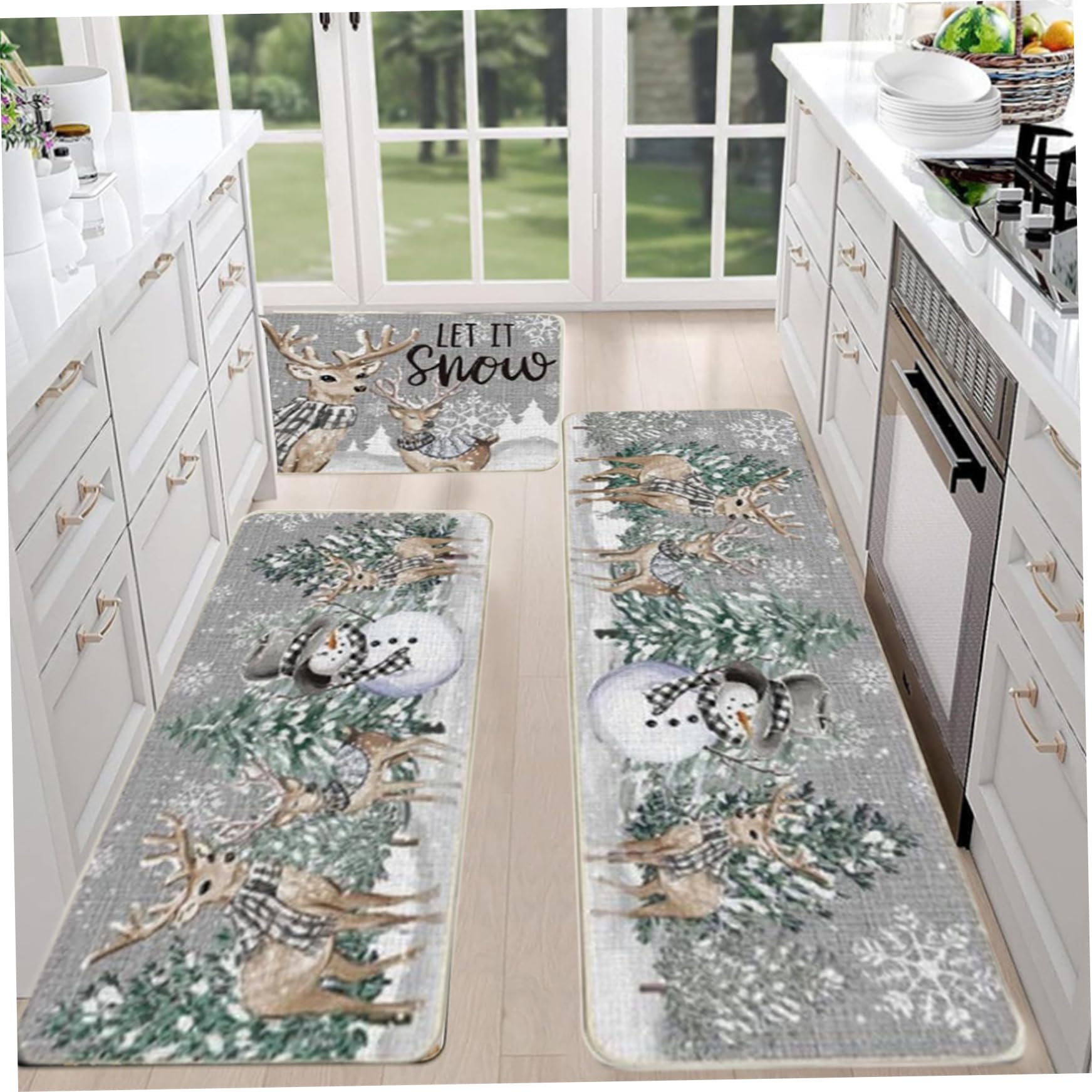 Alfombras y esteras de cocina de Navidad, 3 piezas/set esterilla de piso de cocina con temática navideña, alfombra de cocina y alfombra de puertas para cocina, puerta, decoraciones del pasillo (estil