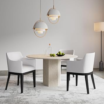 Manhattan Comfort Gansevoort Modern Vegan Leather Dining Chair with Arms, Leatherette Upholstery on Solid Beech Wood Frame, Accent Furniture for Kitchen Table or Office, Set of 1, Cream