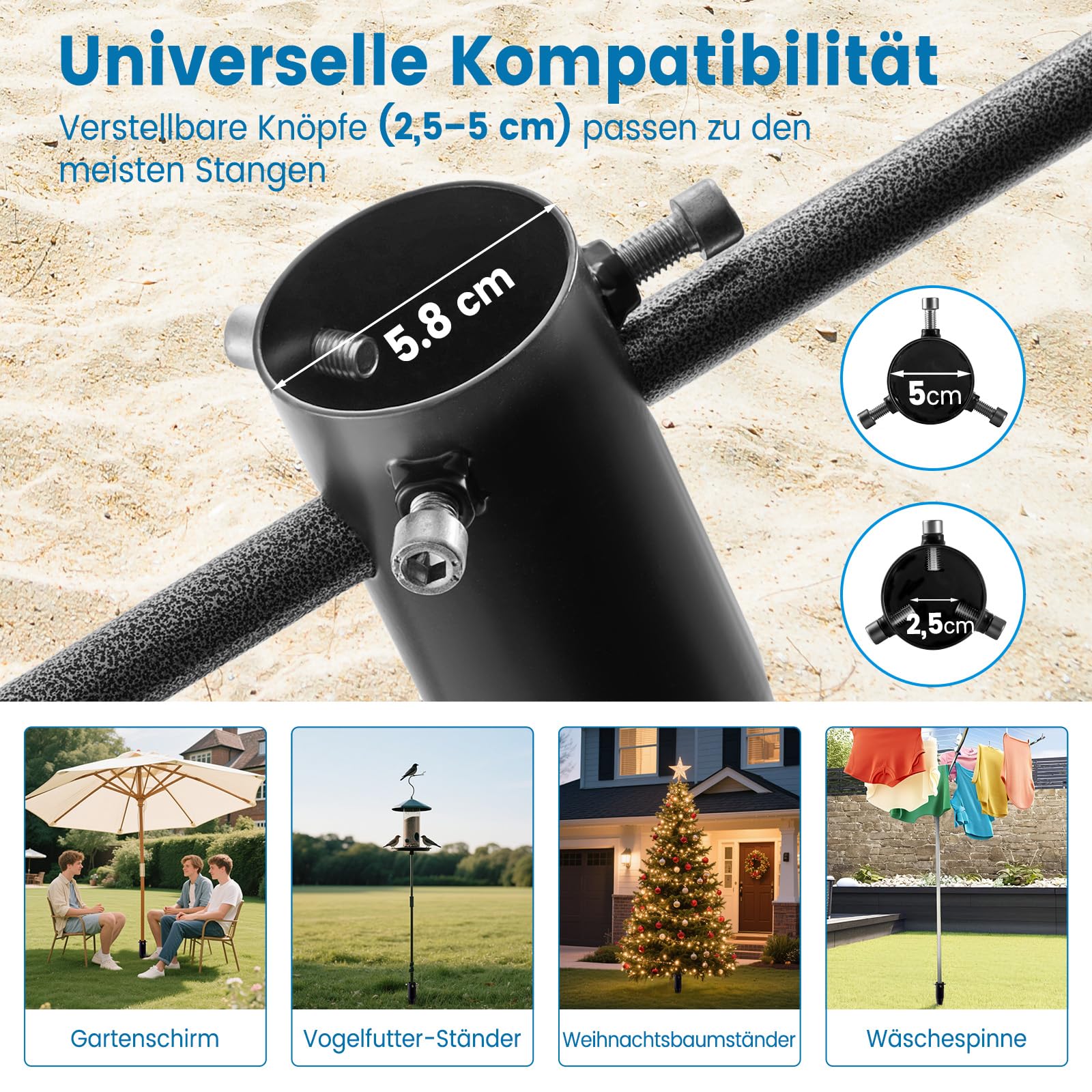 Heavy Duty Erdspieß Hochbelastbarer Sonnenschirmständer & Erdspieß für Wäschespinnen, 6-Fach Spiral Bodenanker für Strandschirme, Angelschirm und Garten, Verstellbaren Knöpfen (2,5–5 cm)
