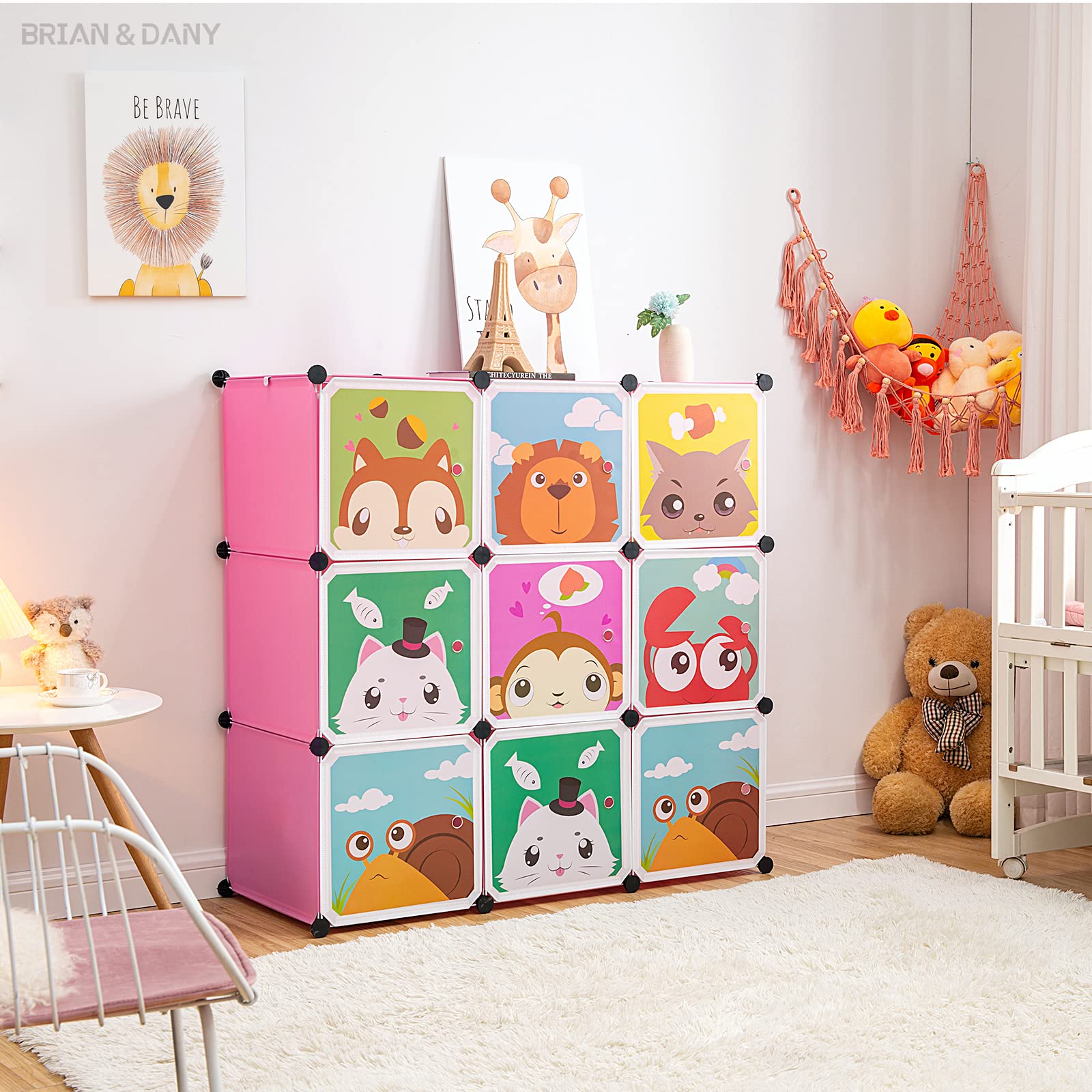 BRIAN & DANY Meuble Rangement Enfant avec Motifs d'animaux, Support de Rangement, Armoires Etagères Plastiques, Armoire de Rangement Bricolage (Rose, 110 x 47 x 110 cm)