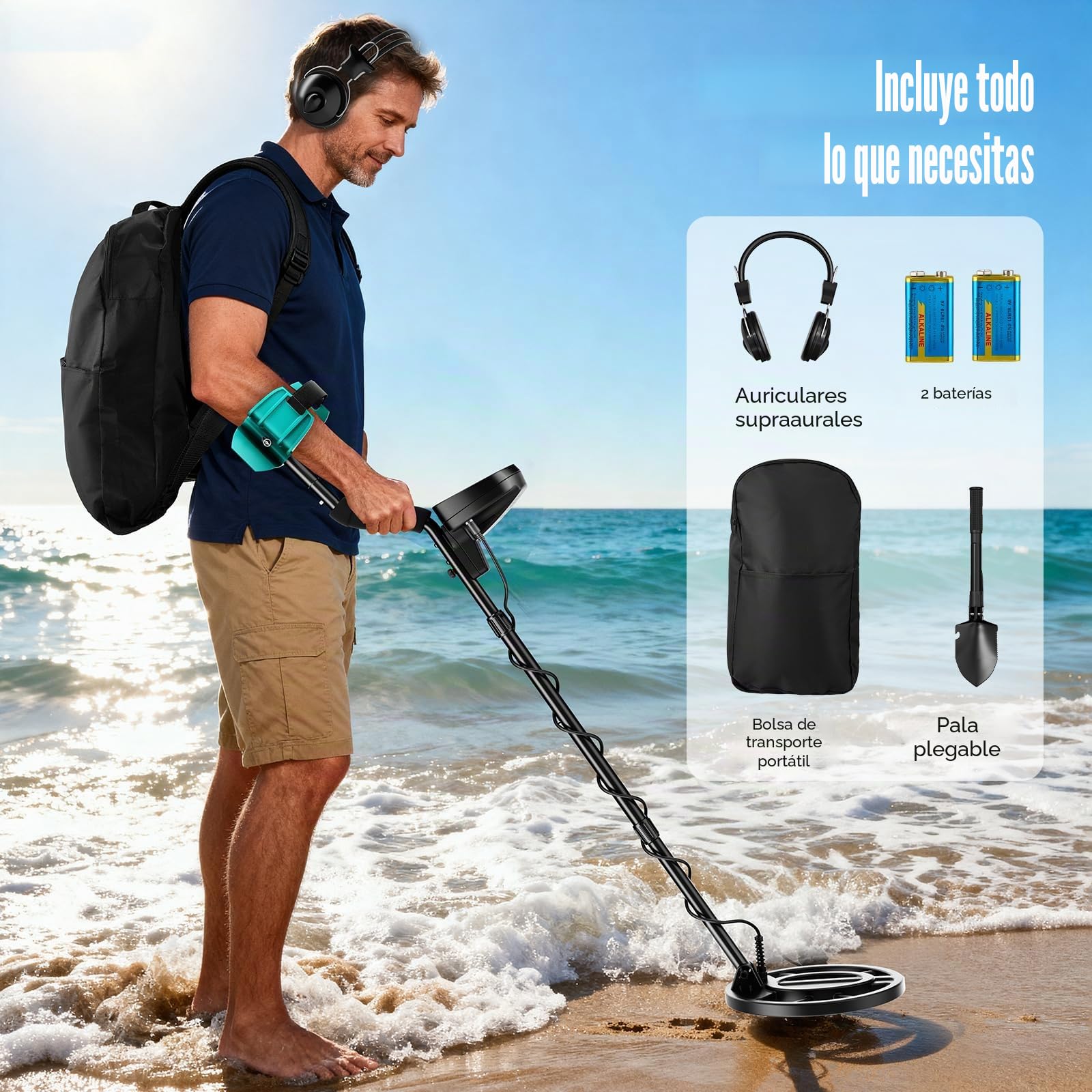 Detector de Metales Profesional, 5 Modos Detector de Oro para Adultos y Niños, Metal Detector Portátil, Pinpoint, Modo de Memoria, IP68 Bobina Impermeable con Pala y Auricular