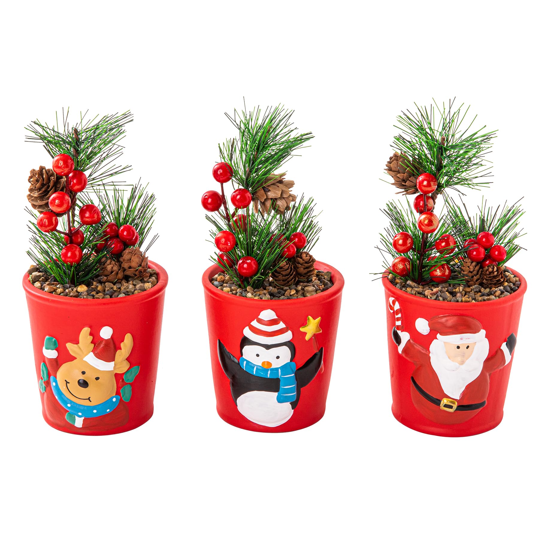 VENY TAYA 3PCS Christmas Santa Claus Plants Decor with Attificial Pine Branches and Red Berries, Indoor Christmas Table Centerpiece Decoration Potted Plants for Home and Office, Mini Christmas Tree