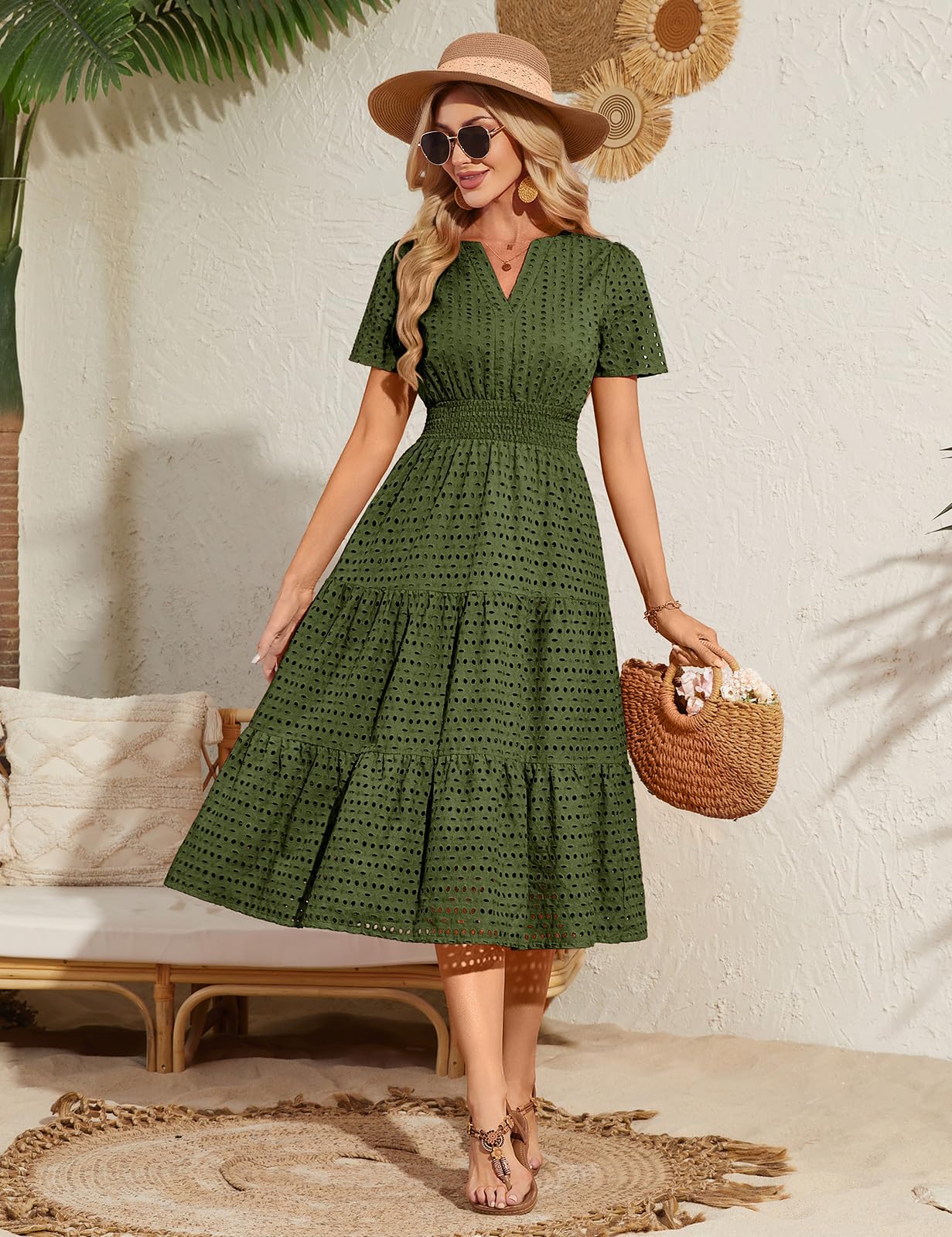heekpek Robe Ete Femme Longue Coton Boheme Chic Robe à Col en V Taille Haute Crochet Dentelle Ligne A Manches Courtes Robes de Plag