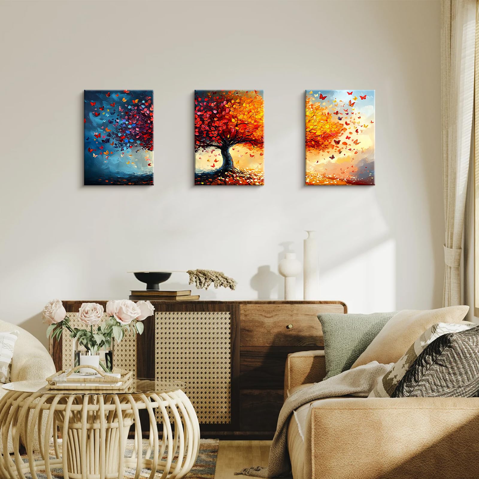 3 Pcs Orange Red Tree of Life Tree Canvas Wall Art - Image 3