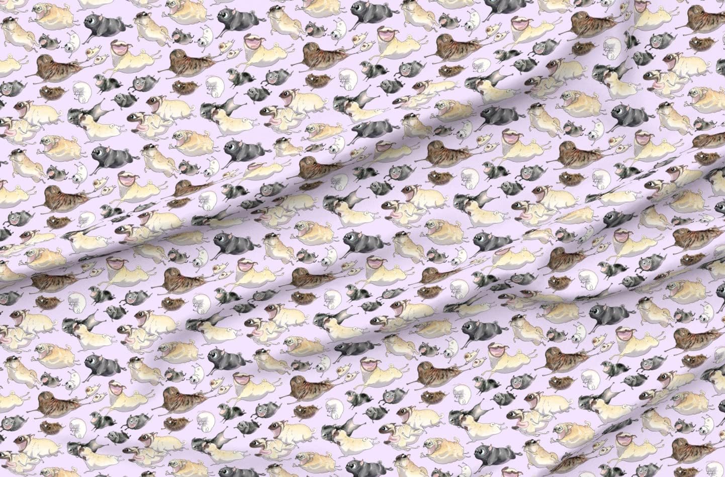 Spoonflower Fabric - Pugs Lavender Pug Puppies Inkpug Purple Large Pattern Funny Toy Breed Printed on Organic Cotton Sateen Fabric by The Yard - Sewing Quilting Apparel Home Decor