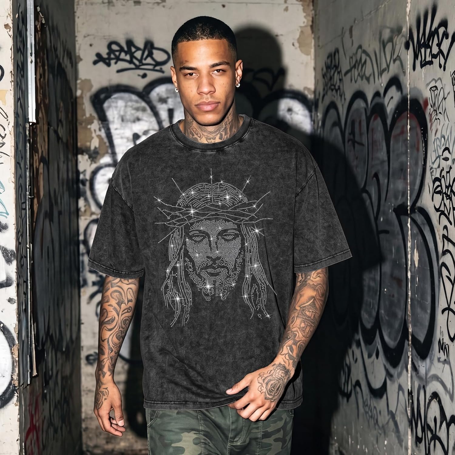 Mens Jesus Rhinestone Shirt God Christian Oversized Shirts Faith Religious Garphic Tshirts Rhinestone Acid Wash Top image 2