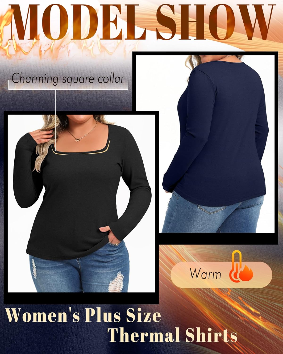 3 Pack Women's Plus Size Thermal Shirts Fleece Lined Long Sleeve Square Neck Slim Tops Underwear Base Layer Winter - Image 5