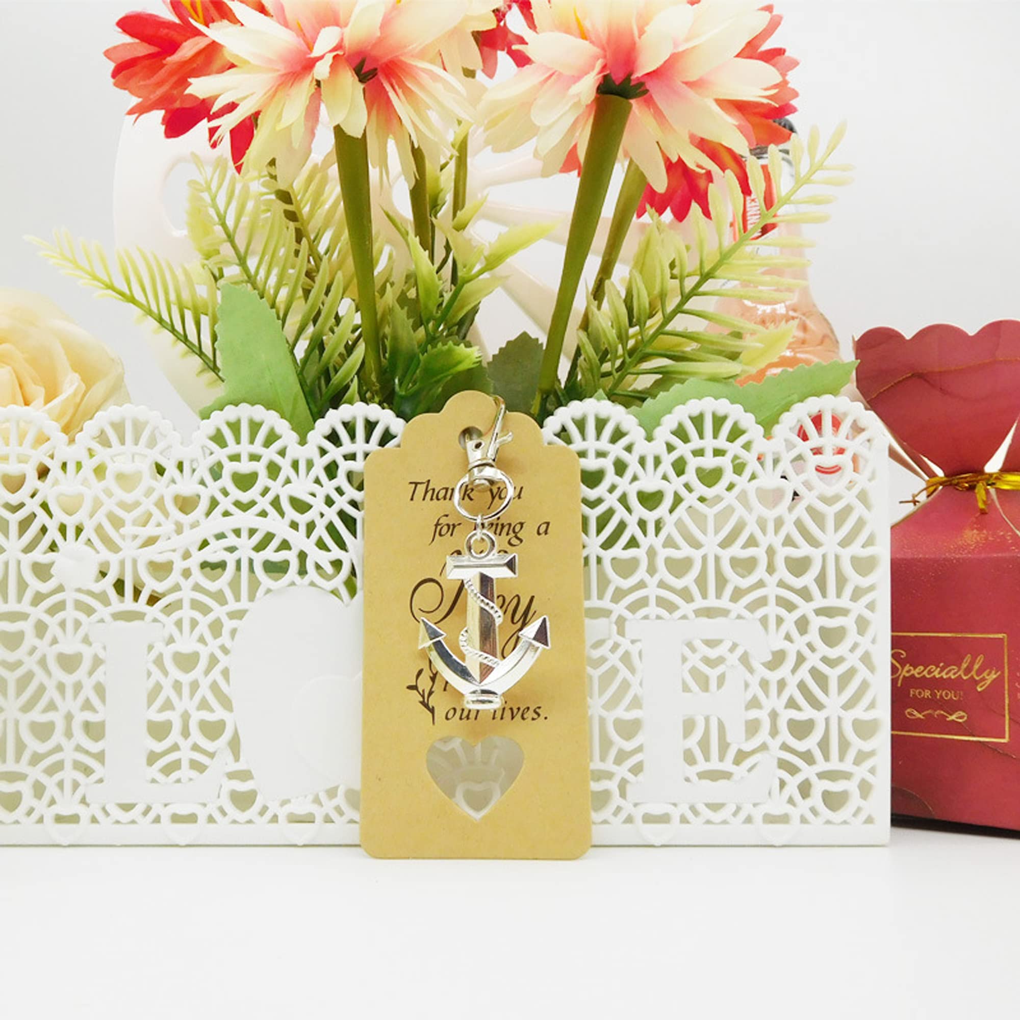 Portachiavi Ciondolo Ancora 12 Pezzi Con Borsa in Organza e Etichetta Kraft Per Bomboniere Comunione, Battesimo, Regali Di Ringraziamento