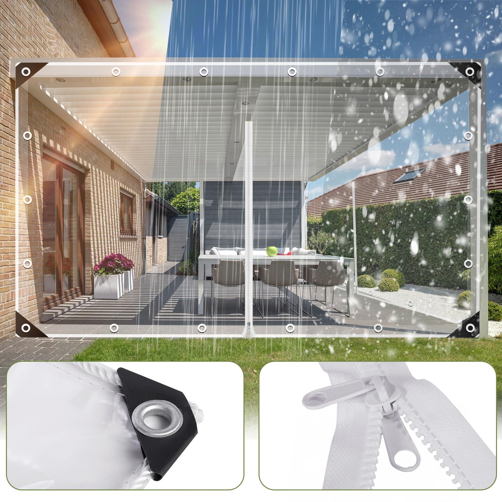 Bâche transparente - 420 g/m² - En PVC transparent - Avec œillets et fermeture éclair - Rideau d'extérieur imperméable - Protection contre le vent et la pluie - Pour pavillon, abris de voiture