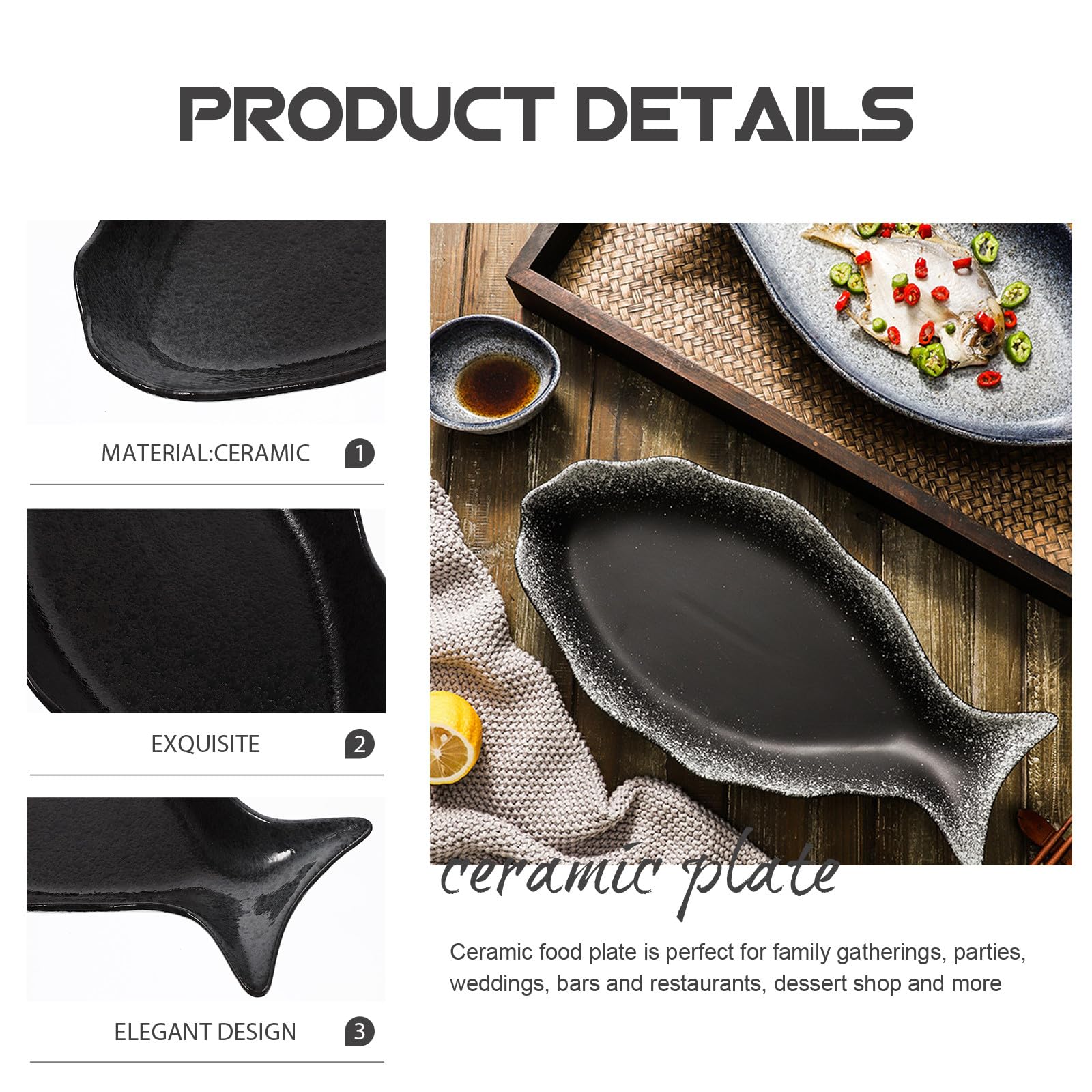 Placa Cerámica Japonesa para Servir Pescado Plato Grande con Diseño Elegante Negro Bandeja Resistente y Fácil de Limpiar para Hogar Restaurante y Hotel