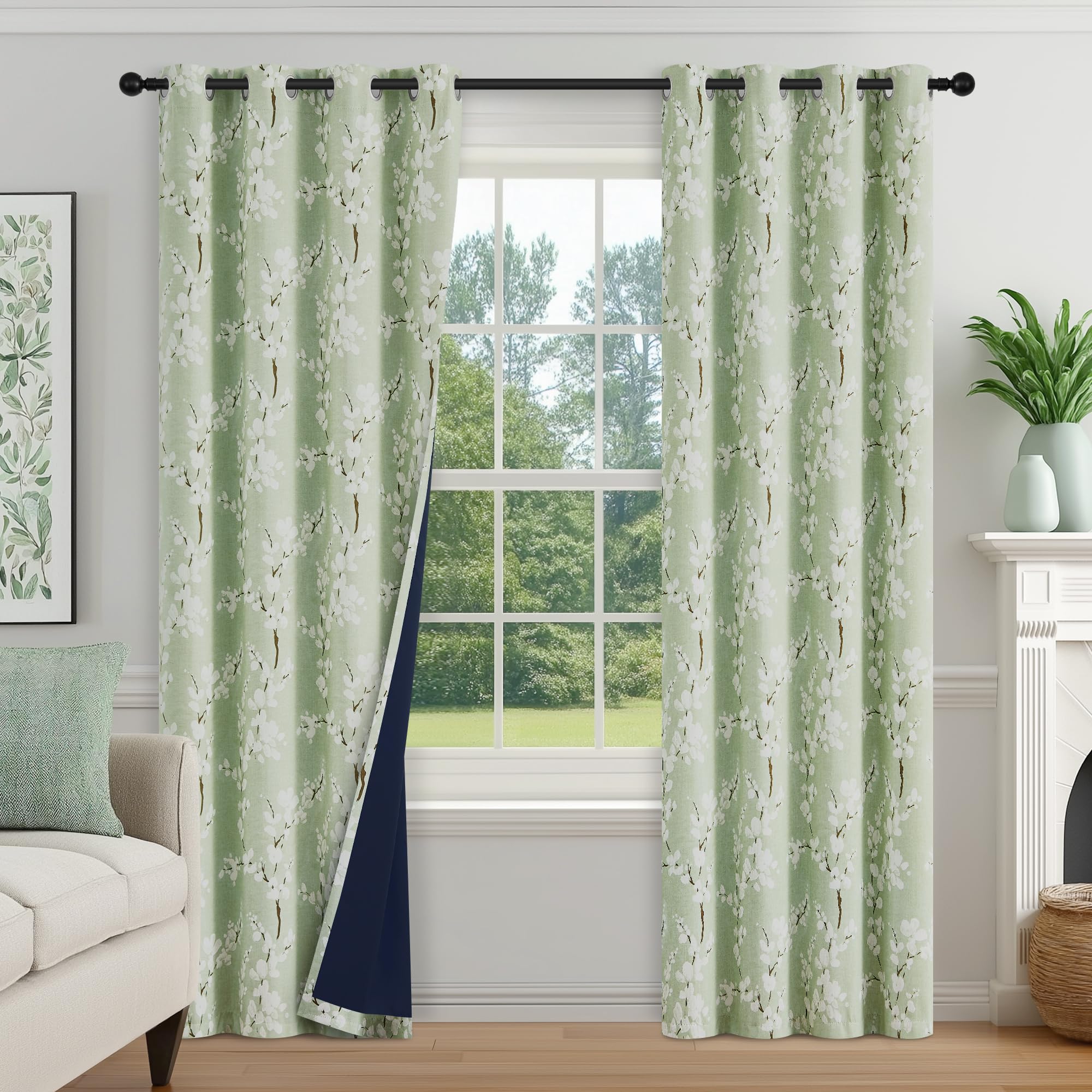 FMFUNCTEX Tende 100% oscuranti con motivo floreale per camera da letto, colore verde salvia, 213 cm, motivo floreale, per soggiorno, isolamento termico, 2 pannelli con occhielli nella parte superiore | Tende oscuranti al 100%, motivo floreale, isolamento