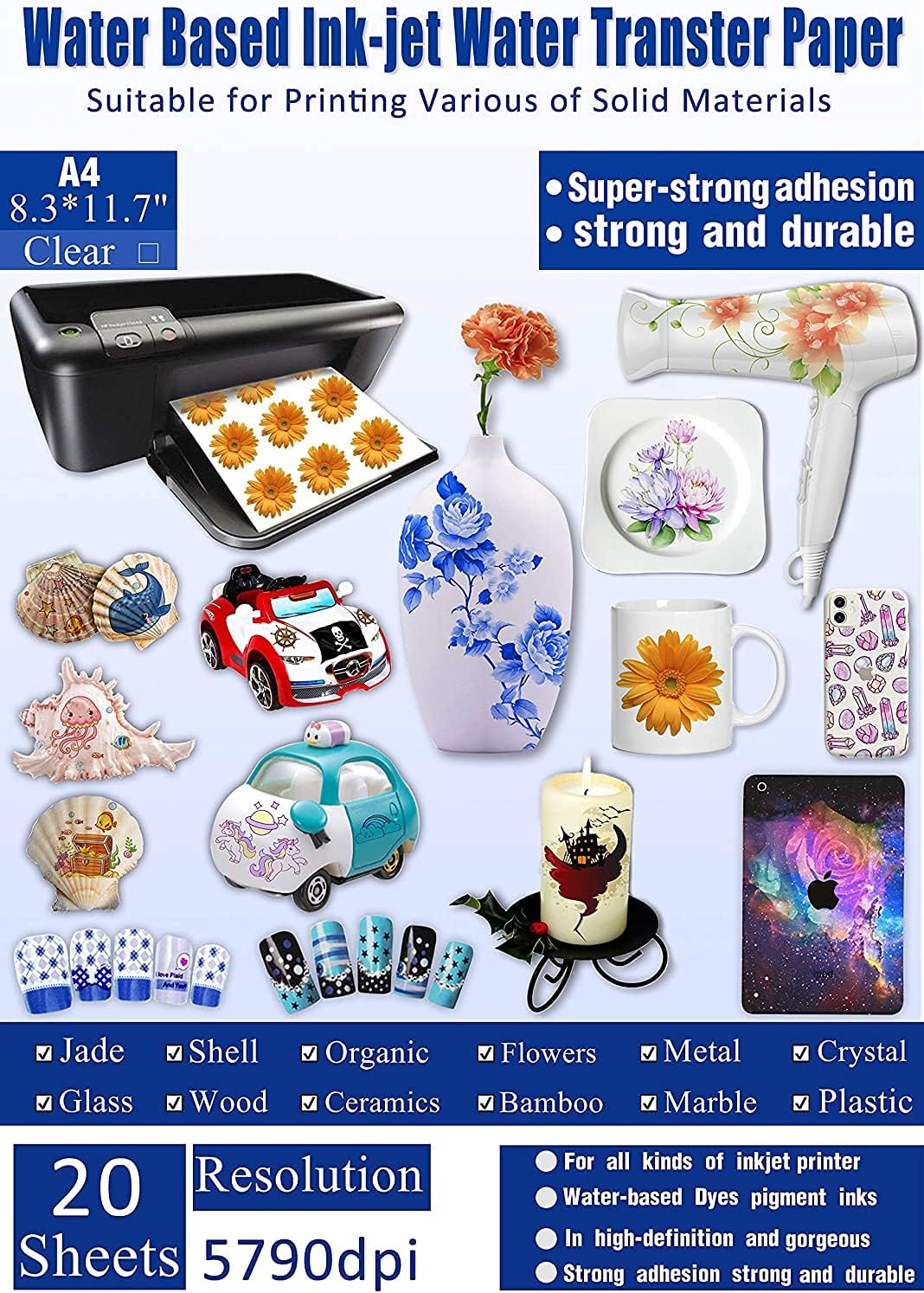 Yazhiji 20 Sheets Decal Paper Inkjet Clear Premium Water Transfer Transparent Printable Water Slide Decals A4 Size