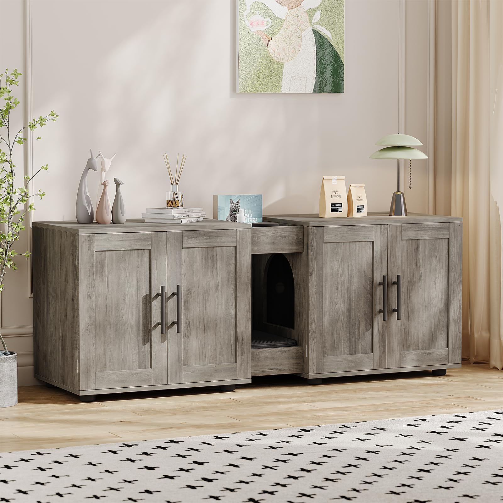 Recinto Doble 3 En 1 para Dos Gatos - Moderno Armario Oculto De Madera con Dos Compartimentos, Puerta para Gatos y Rascador, Elegante Mueble para Mascotas para Sala De Estar o Dormitorio.