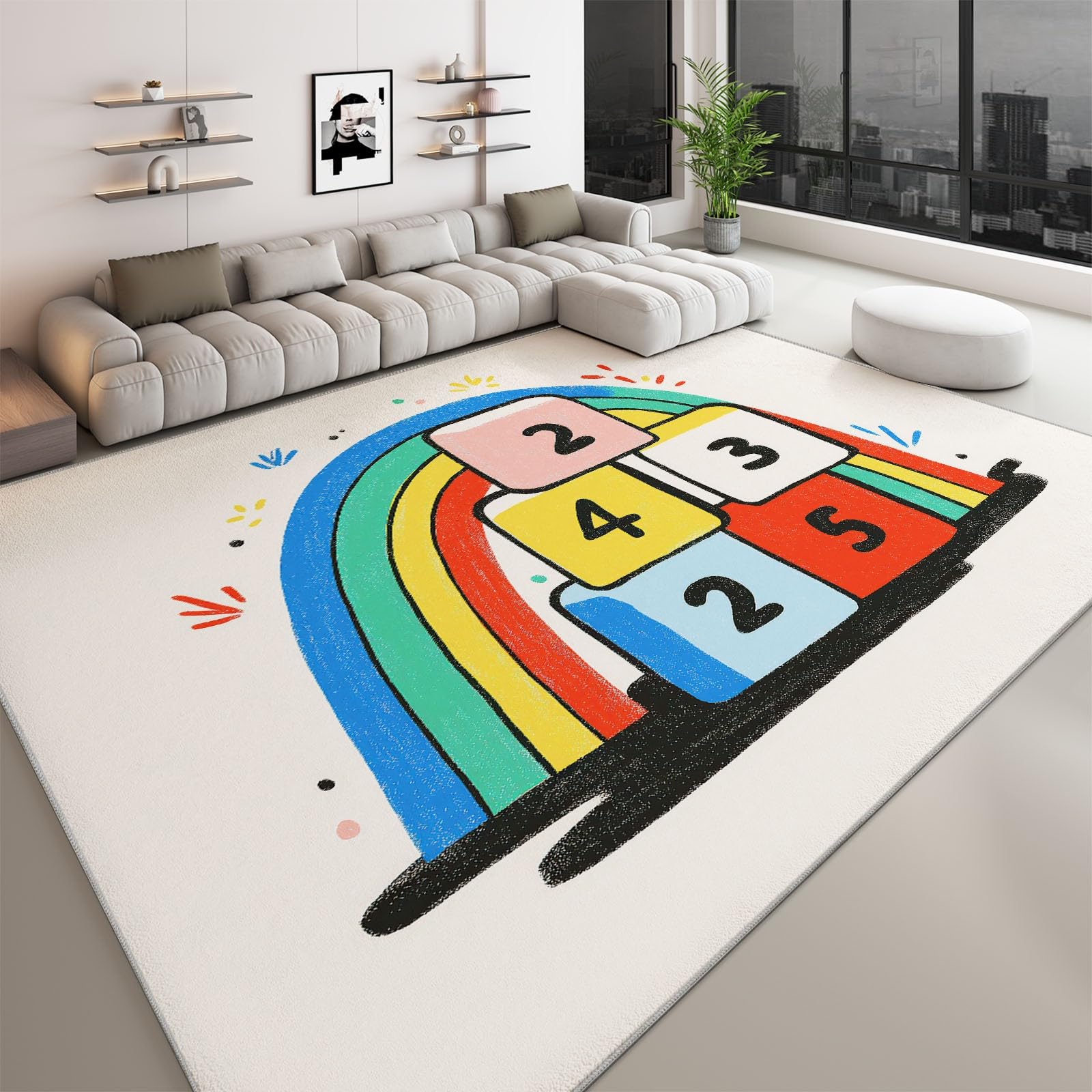 Dywan 80 x 150 cm, geometryczne klocki, tęczowy, minimalistyczny, antypoślizgowy, nadaje się do prania, beżowy, z nadrukiem, do dekoracji sypialni, pokoju dziecięcego, salonu, z krótkim włosiem