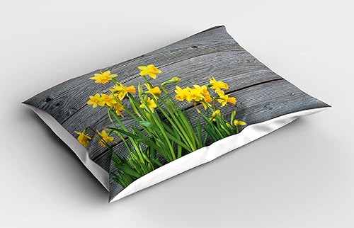 Miniatura 2 de Ambesonne Yellow Flower Pillow Sham, Bouquet of Daffodils on Wood Planks Gardening Rustic Country Life Theme, Decorative Standard Queen Size Printed