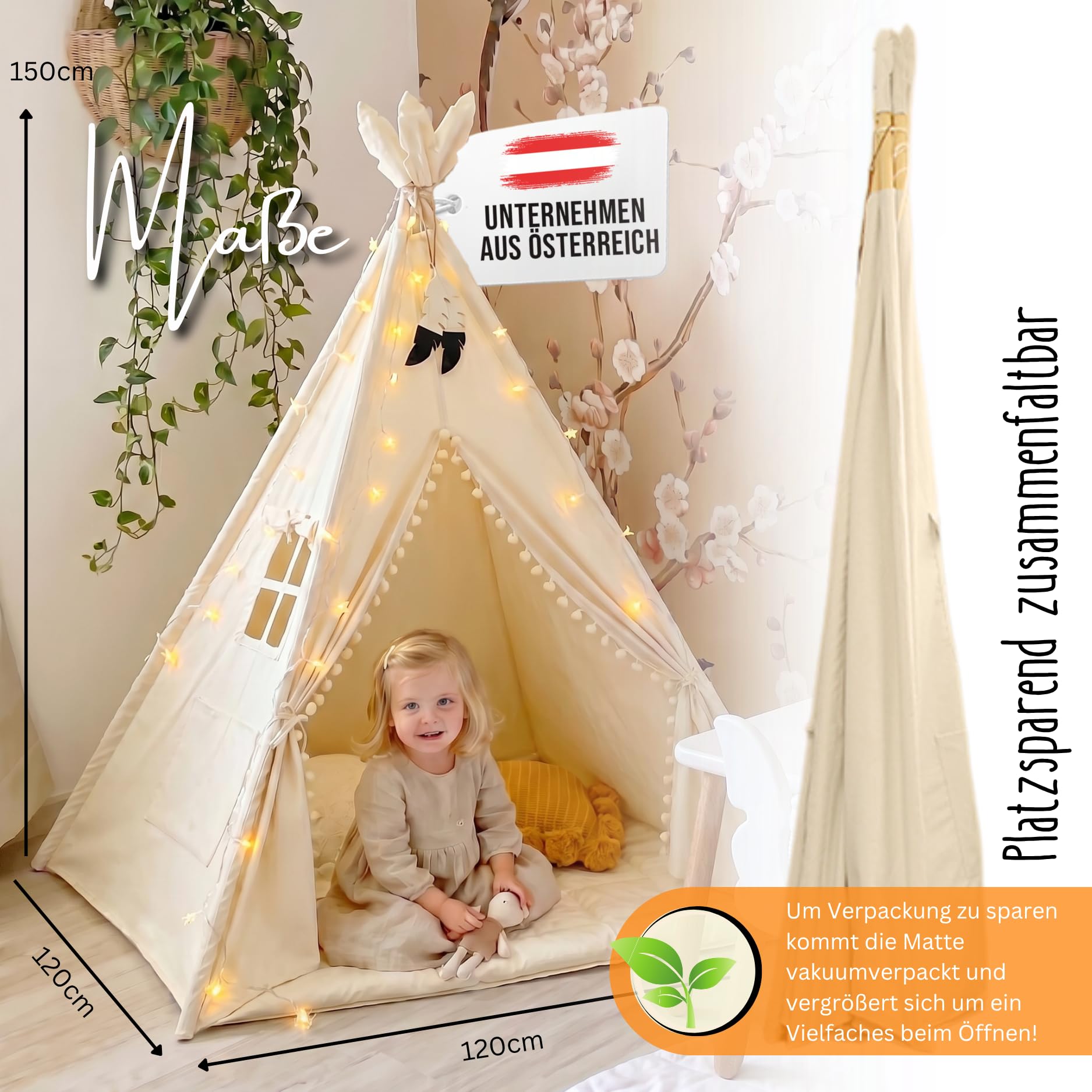 LIONHERZ® DAS ORIGINAL Tipi Zelt Kinder 100% Baumwolle | Kinderzelt Indoor | Tippi inkl. Matte, Stabilisator & Federdeko | atmungsaktiv | Kinderzimmer für Mädchen & Jungen