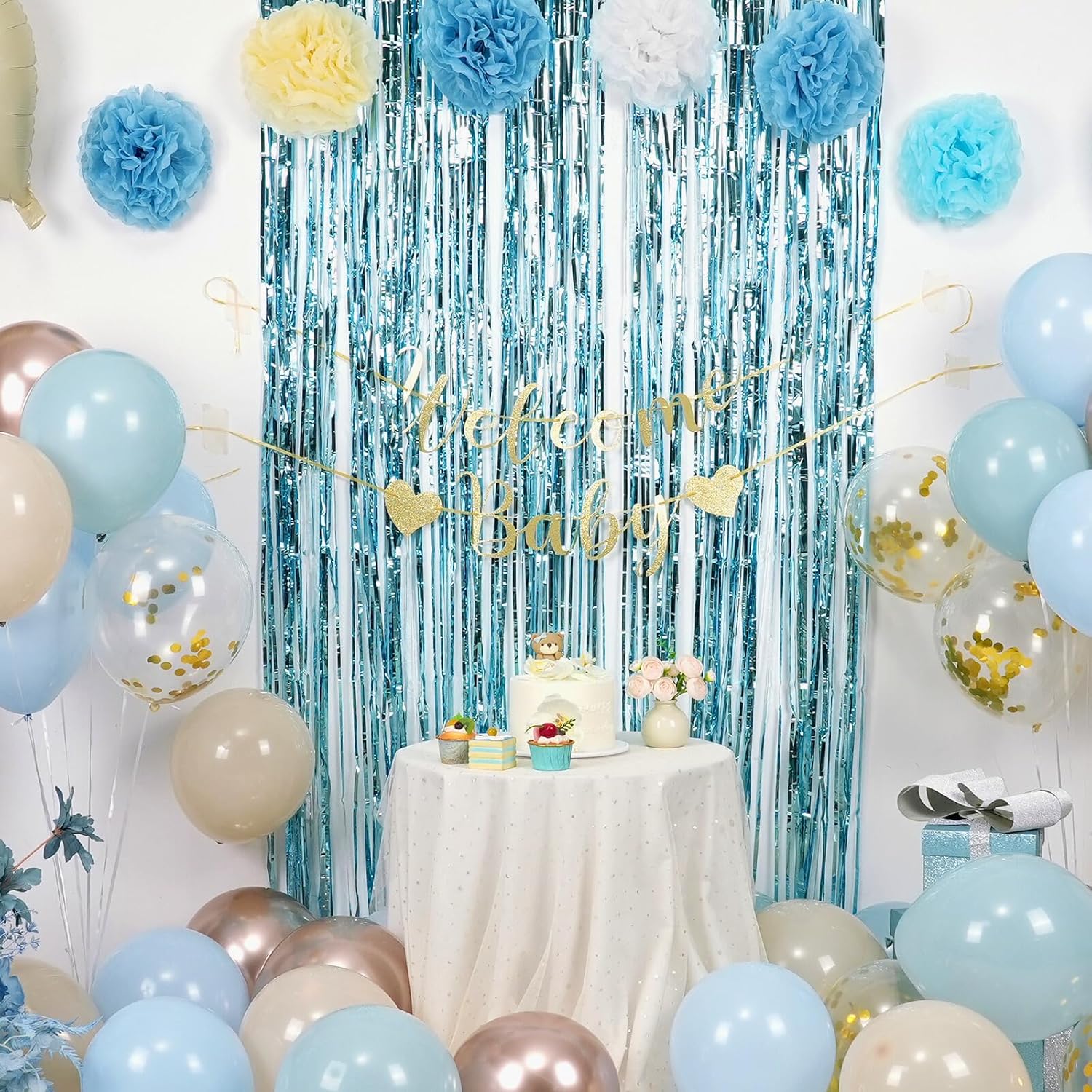 Dusty Blue Baby Shower Decorations for Boy,Welcome Baby Banner with Sand White Champagne Gold Balloons Fringe Curtains Paper Pom Poms Flowers Tassels for Boho Baby Shower Gender Reveal Party Supplies - Image 2