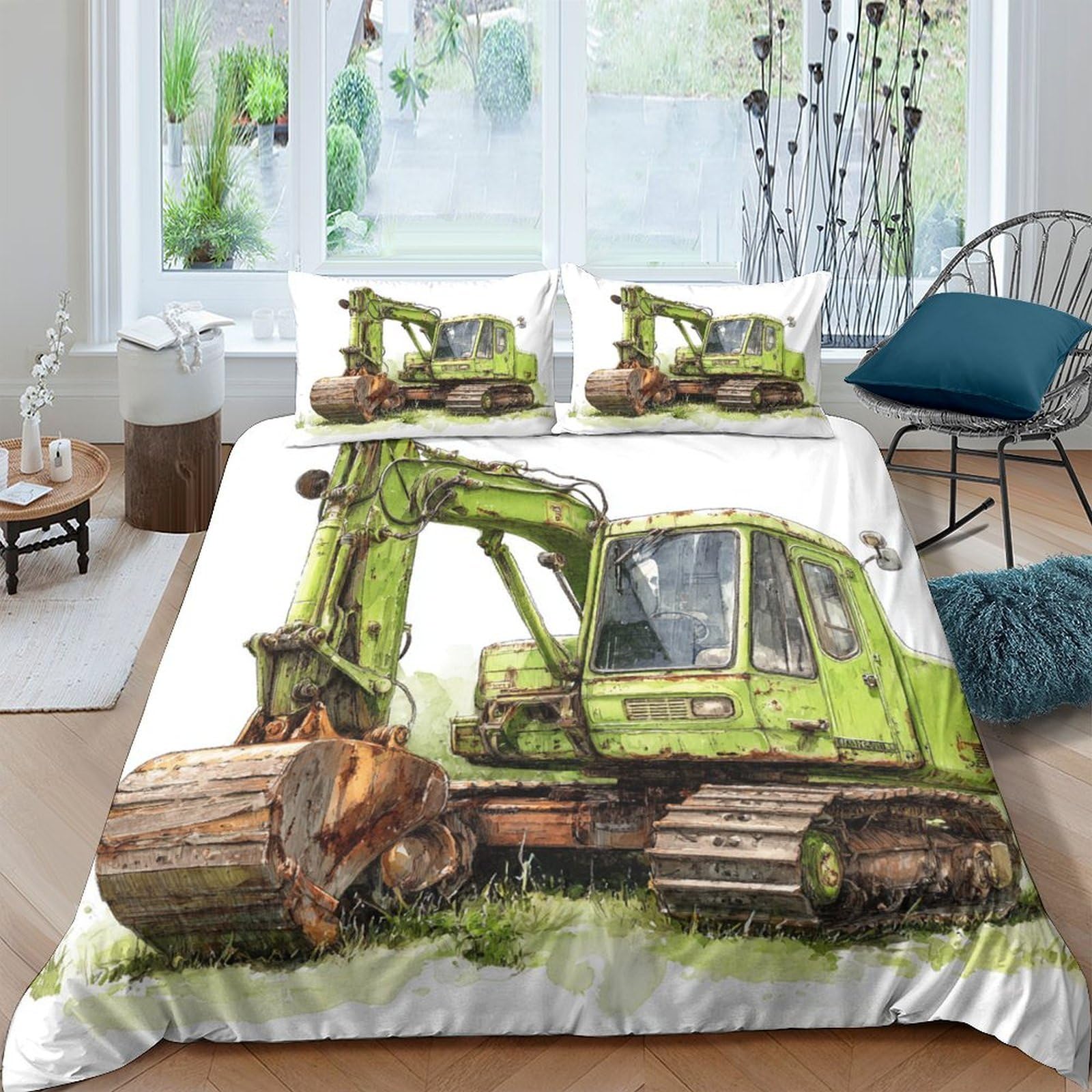 Ctjqhvkz Style-4 3D Printed Green Excavator Fitted Sheet Microfiber Soft Mattress Cover For Bedroom Dorm House Decor Protection Single（135X200cm）