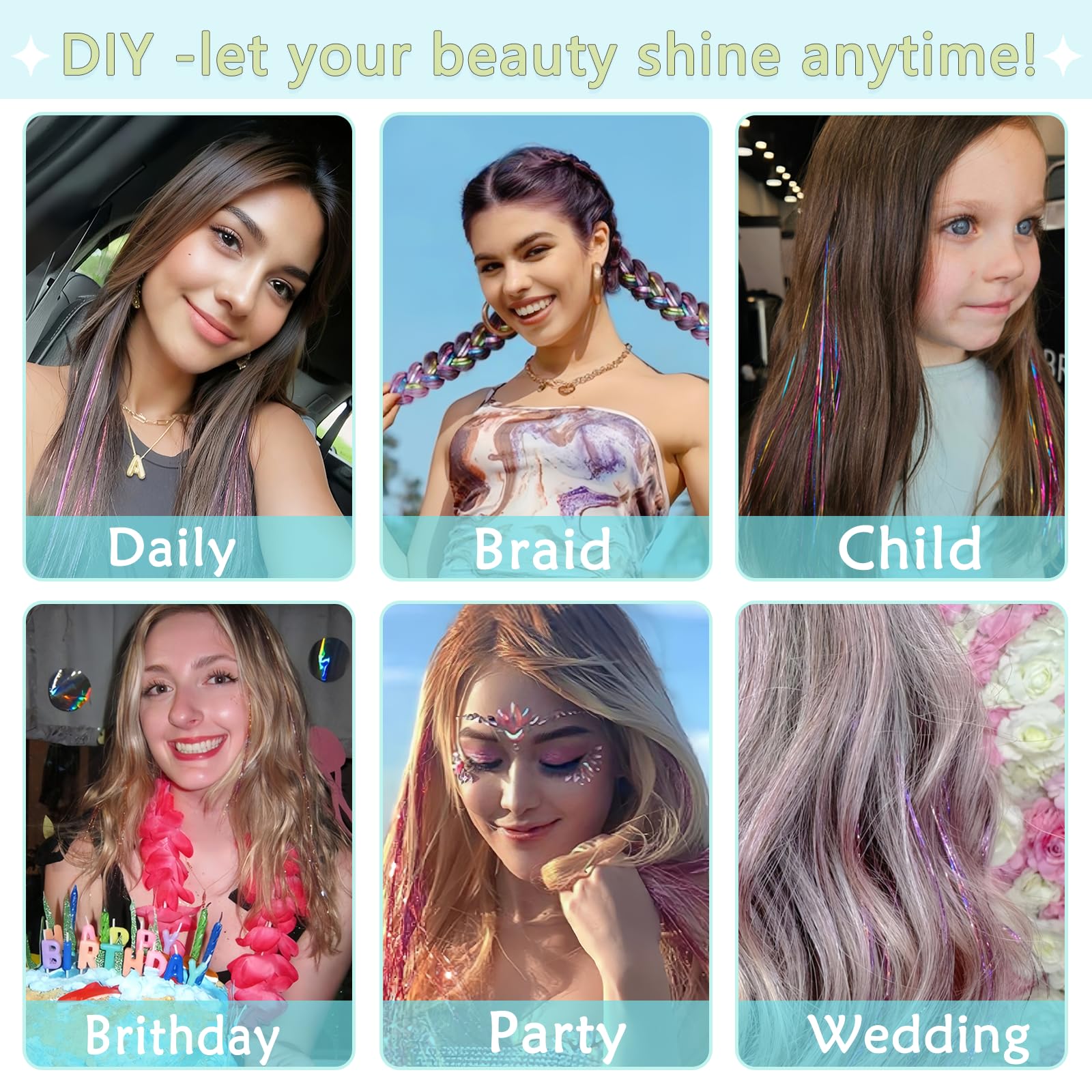 Green Hair Tinsel Kit for Girls 1800 Strands Fairy Tinsel Hair Extensions Holographic Hair Tinsel Heat Resistant Colored Hair Glitter Christmas Party Festival (Green) - Image 3