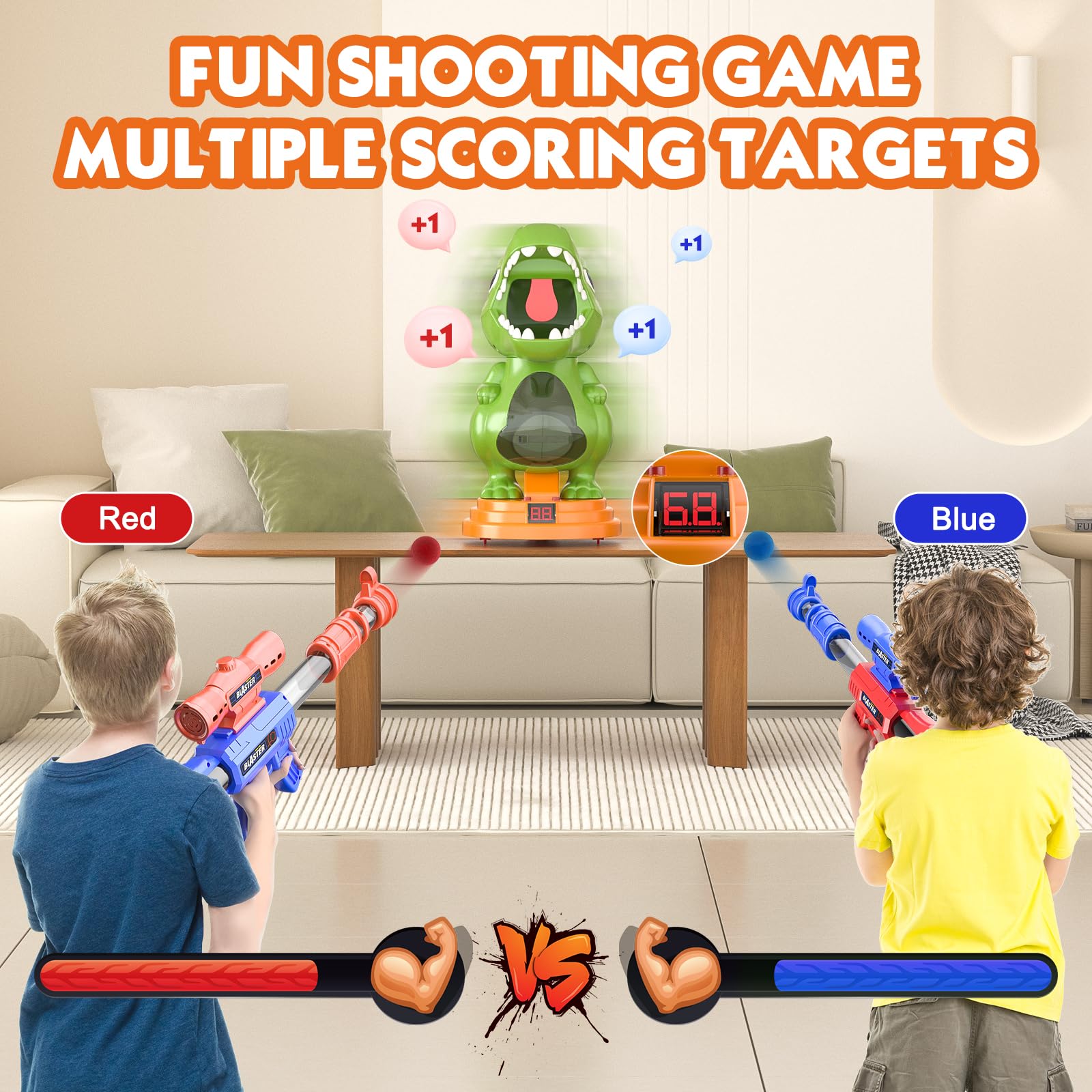 fygurso Giocattolo sparatutto Mobile con Dinosauri con 2 Pistole a Pompa d'Aria, Giochi di tiro al Bersaglio con punteggio LED, Luce e Suono, 24 Palline di Schiuma per 3+, Regalo per Ragazzo (Verde)