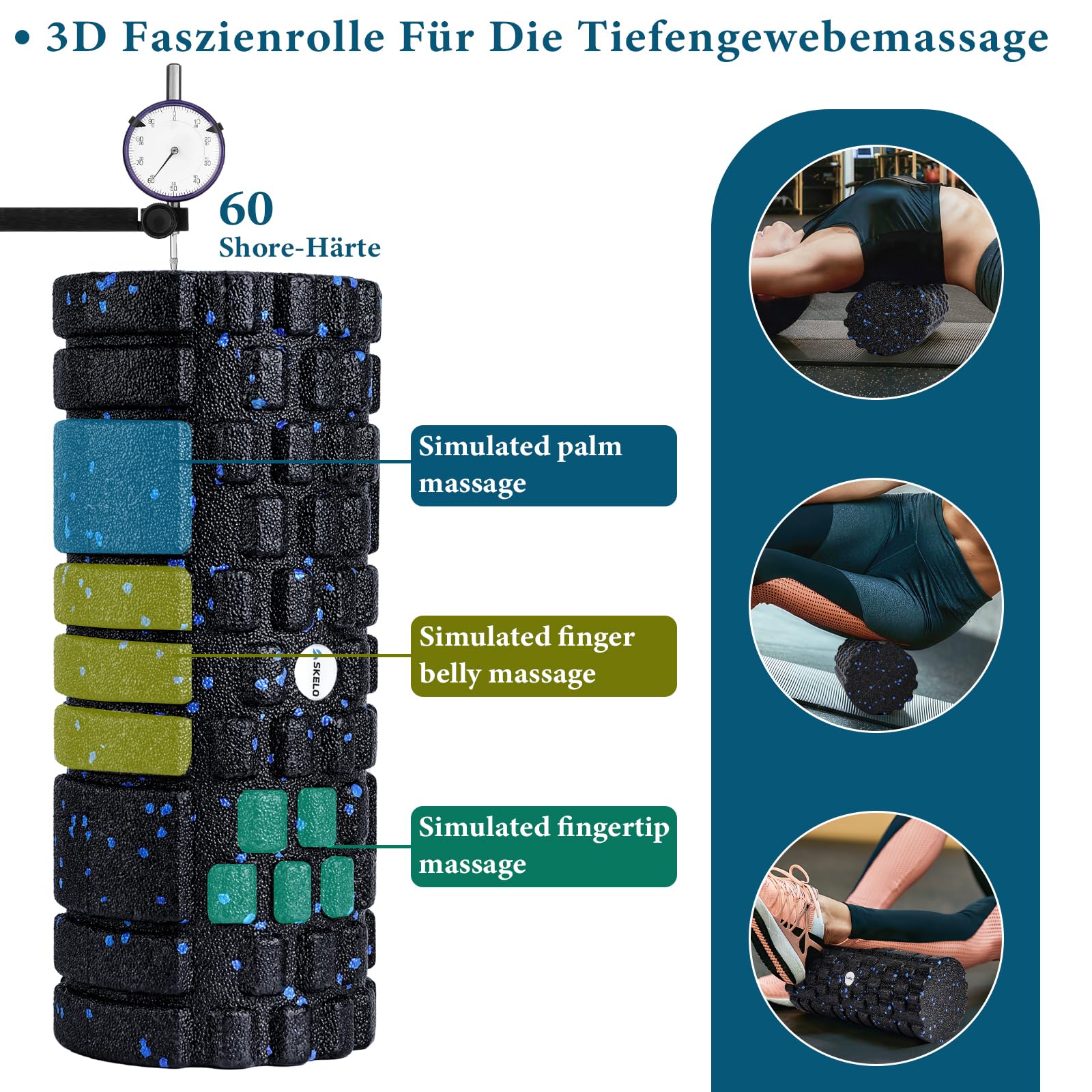skelo Faszienrolle Set, Bestehend aus Faszienrolle mit 3D-Textur-Massage/Mini-Faszienrolle/Faszienball und Duoball Faszien, Foam Roller für Yoga, Muskelmassage, Bindegewebsstoffwechsel, mit Poster