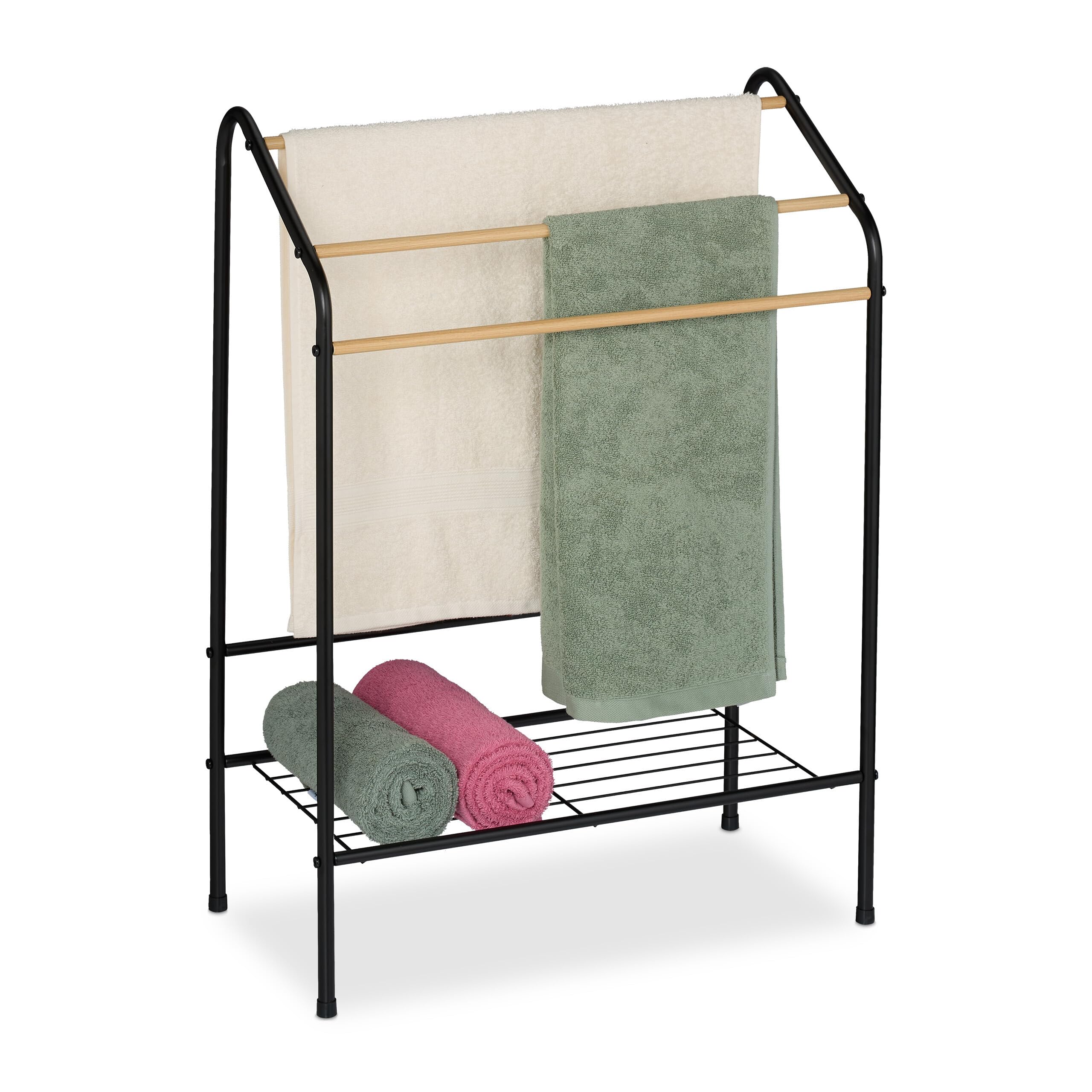 Relaxdays Porte-Serviettes, 3 Barres, avec étagère, Non Fixe, HxLxP : 84,5 x 60,5 x 31 cm, Noir et Nature