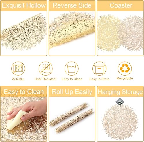 Miniatura 4 de Juego de 6 manteles individuales redondos dorados, elegantes manteles individuales para mesa de comedor, vacaciones, boda, manteles individuales