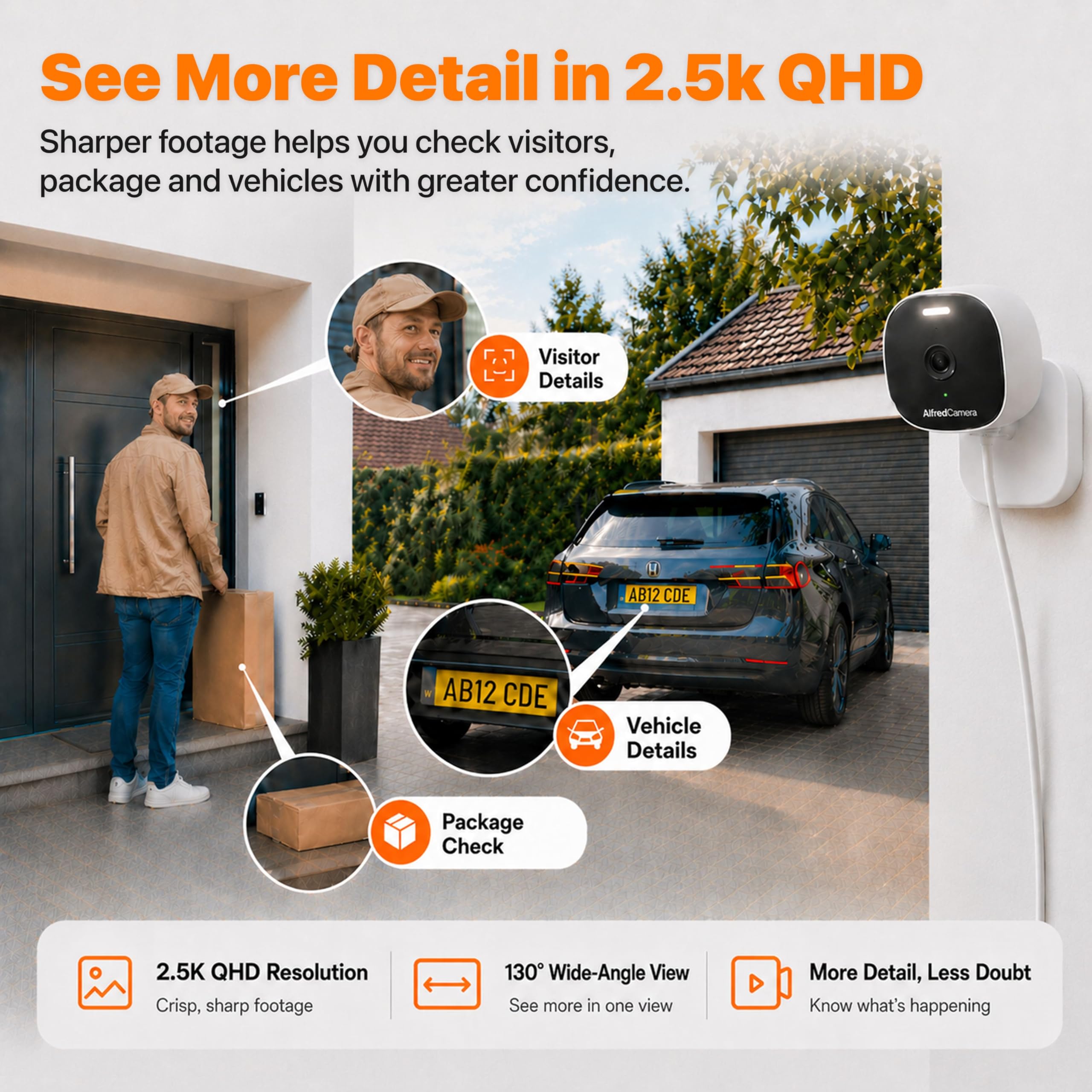 AlfredCam Plus 2 Cámara de Seguridad Exterior WiFi 2.5K con Foco LED, Visión Nocturna a Color, Audio Bidireccional, IP65 Impermeable, Grabación 24/7 con Tarjeta 64GB