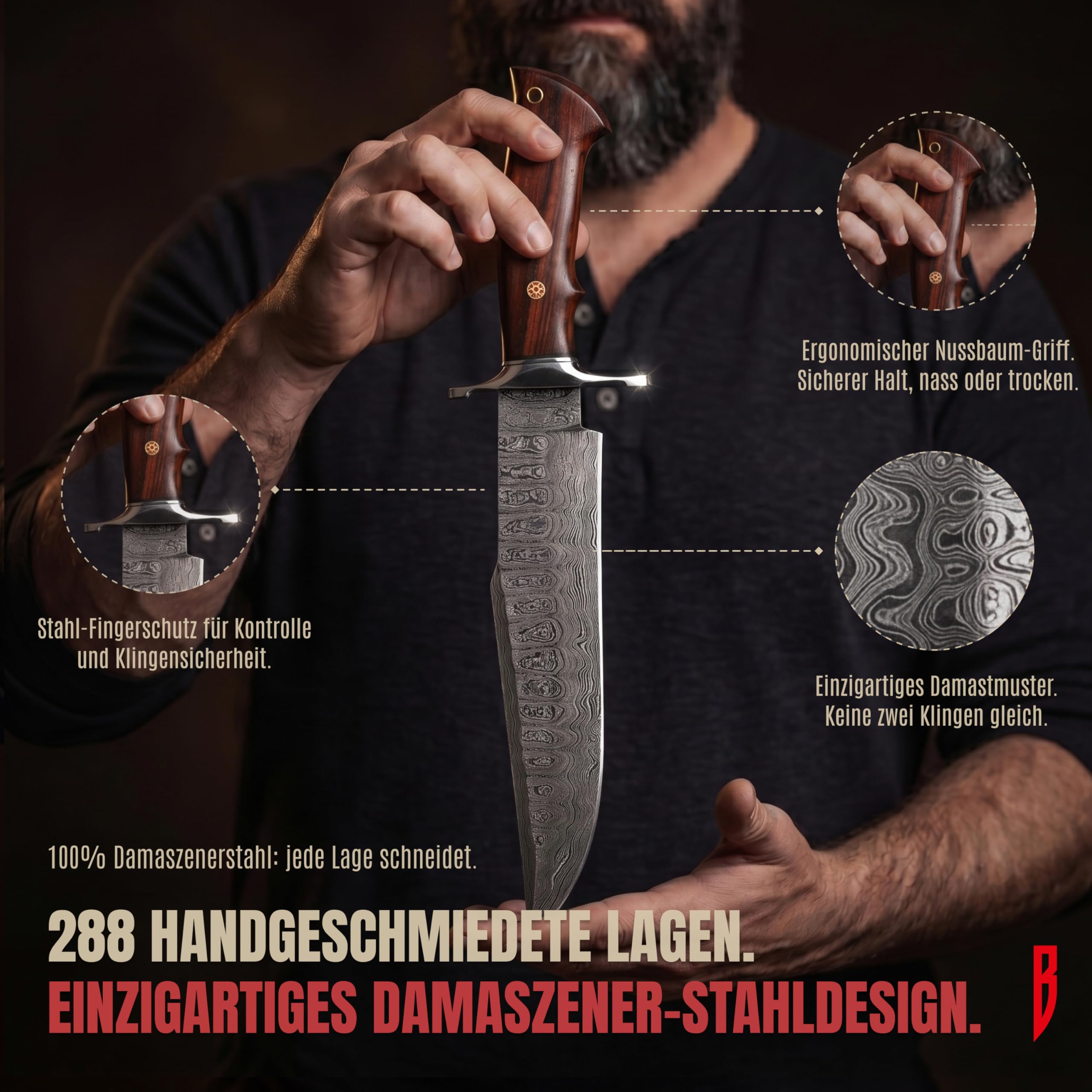 BIGCAT ROAR Raptor Damaststahl Jagdmesser 13,2 Zoll - Full Tang - Walnussholzgriff & Lederscheide - Bushcraft Outdoor Camping Survival Jagd