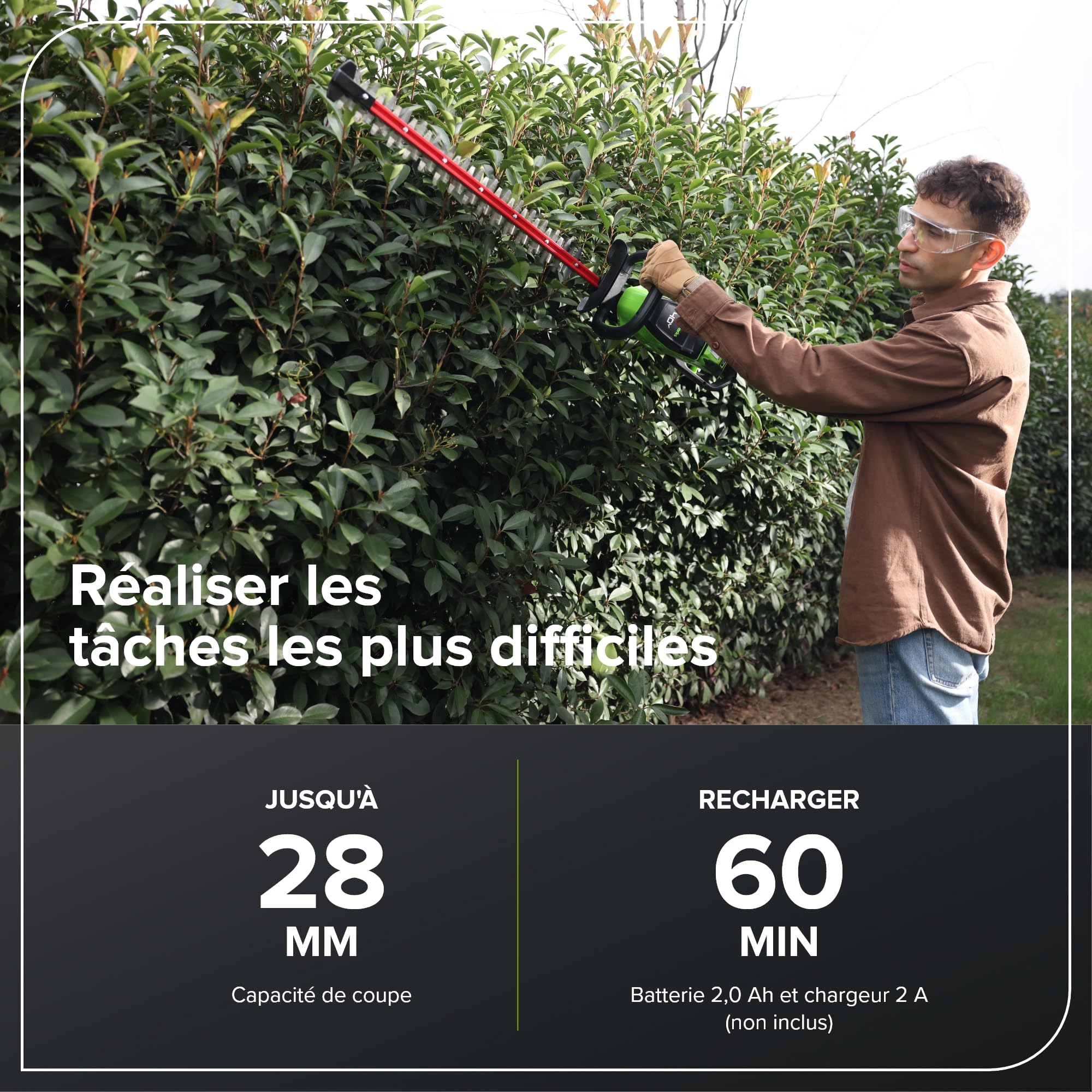 Greenworks Taille-haie sans Fil 66cm Lame à Double Action, Moteur Brushless Coupe jusqu'à 28 mm d'Épaisseur, 3400 SPM sans Batterie 40V et Chargeur GD40HT66