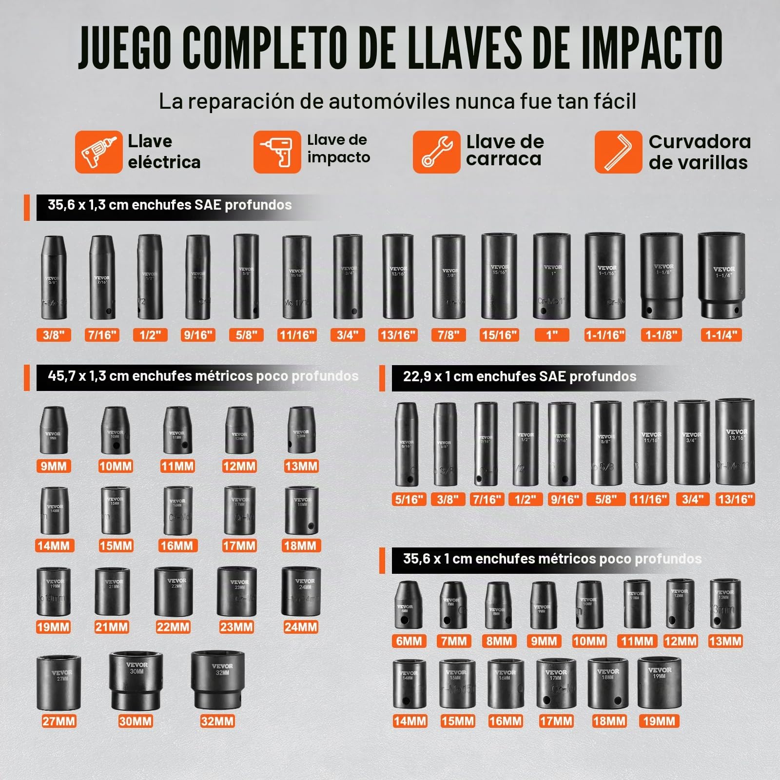 VEVOR Juego de Vasos de Impacto 1/2" 3/8" Juego de Vasos de Impacto Métricos 59 piezas 6-32 mm Acero de Aleación CR-Mo 6 Puntos Marcas de Tamaño Fáciles de Leer para Reparación de Automóviles