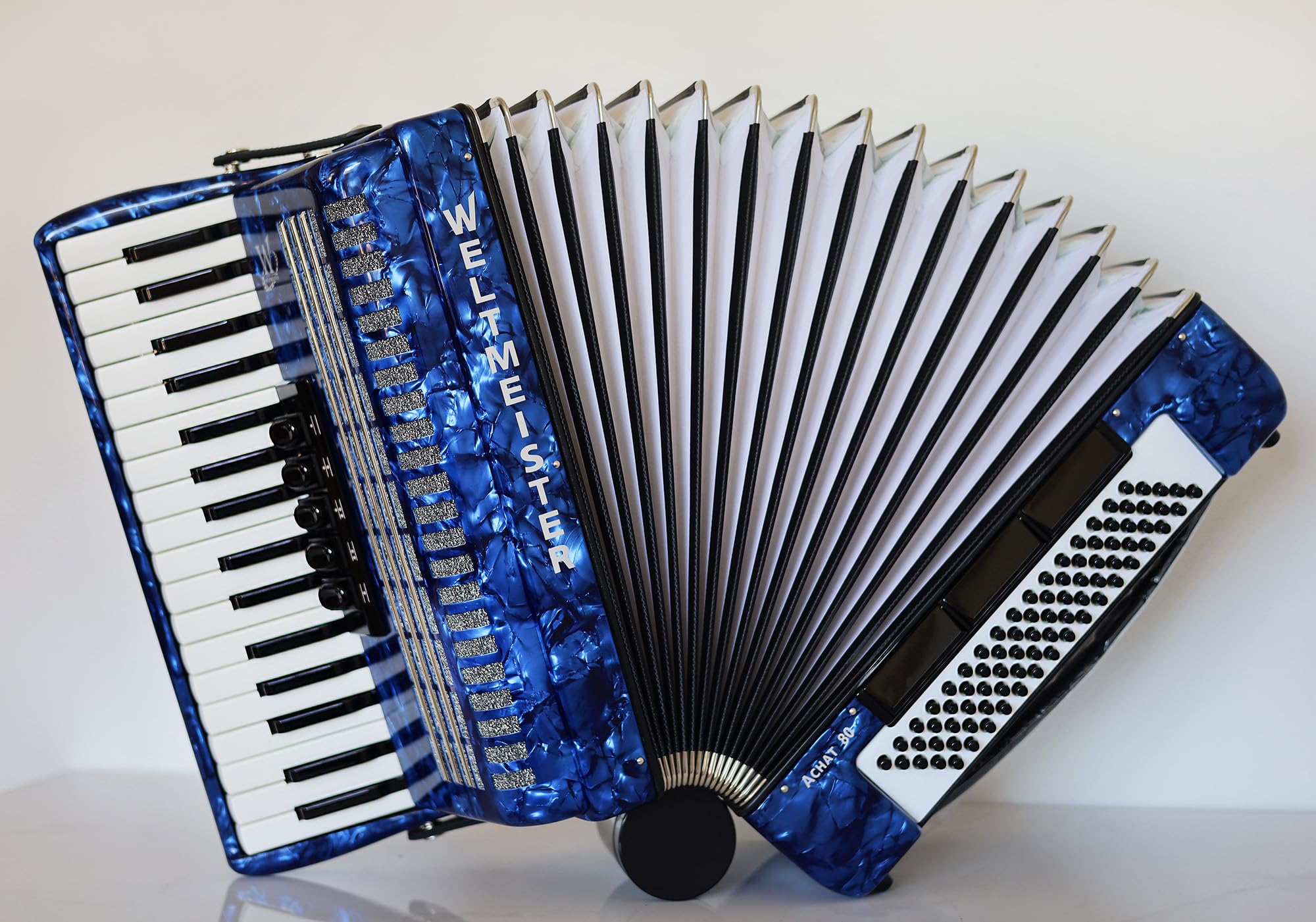 Generic New Weltmeister Achat 80 Piano Accordion made in Germany, 80 Bass buttons, Original New Straps and Case, Keyboard Accordian, Blue Pearloid, Quality Musical Instrument