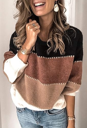 Miniatura 3 de Angashion Suéteres casuales de manga larga y cuello redondo para mujer, suéter de punto sin botones, de mosaico y con bloque
