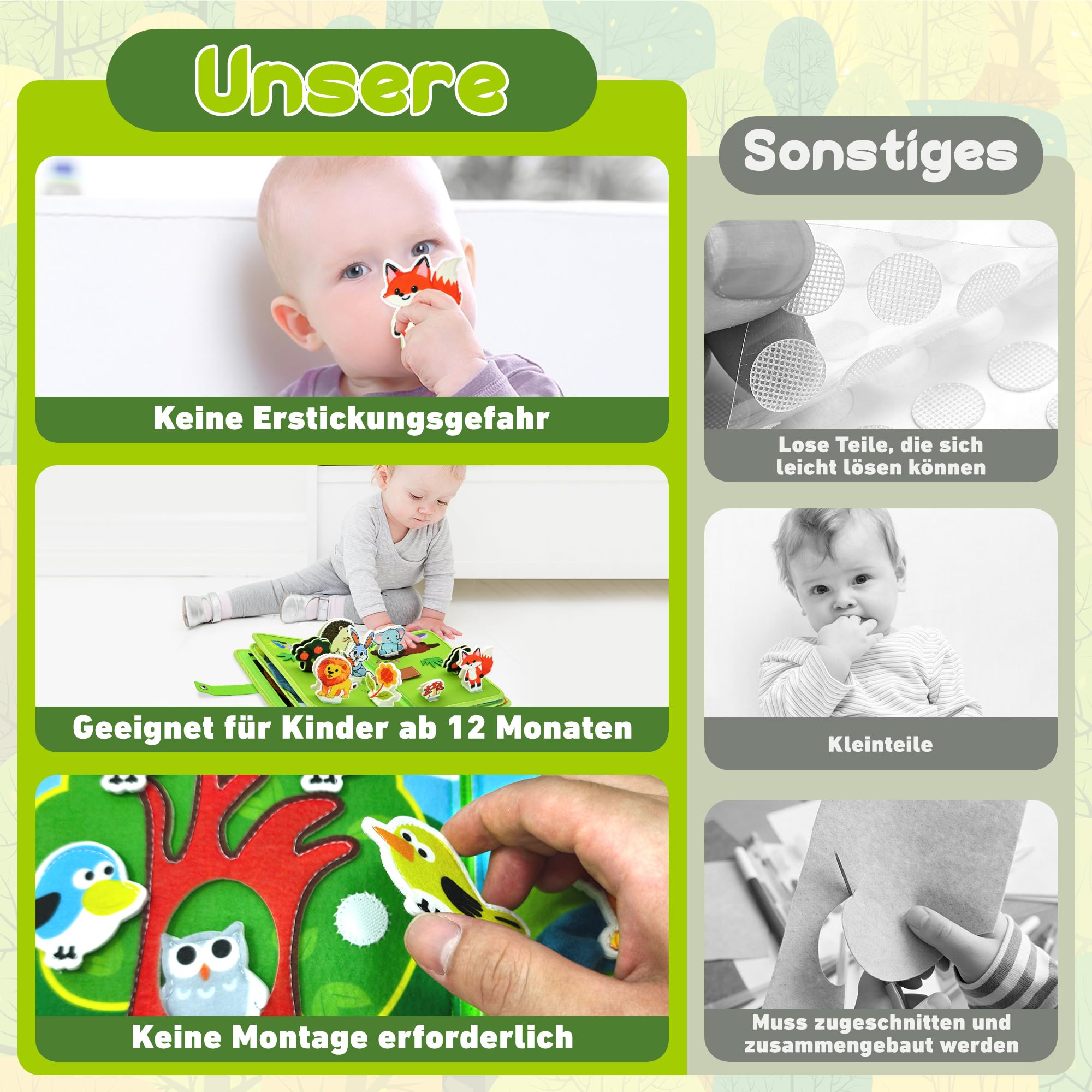 Busy Board Montessori Spielzeug ab 1 2 Jahr, Tiere Filz Busy Book Activity Board für Kleinkinder, Geschenk für Mädchen & Jungen, Reisespielzeug ab 1 Jahr für Auto & Flugzeug Fahrten