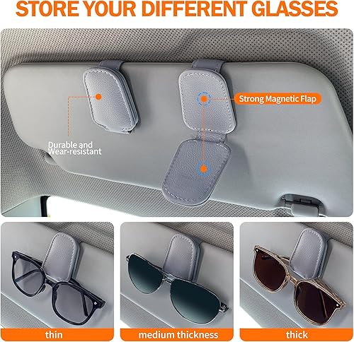 Miniatura 2 de Soportes para lentes de sol para visera solar de automóvil, paquete de 2 clips magnéticos de cuero para colgar anteojos para automóvil, clip para