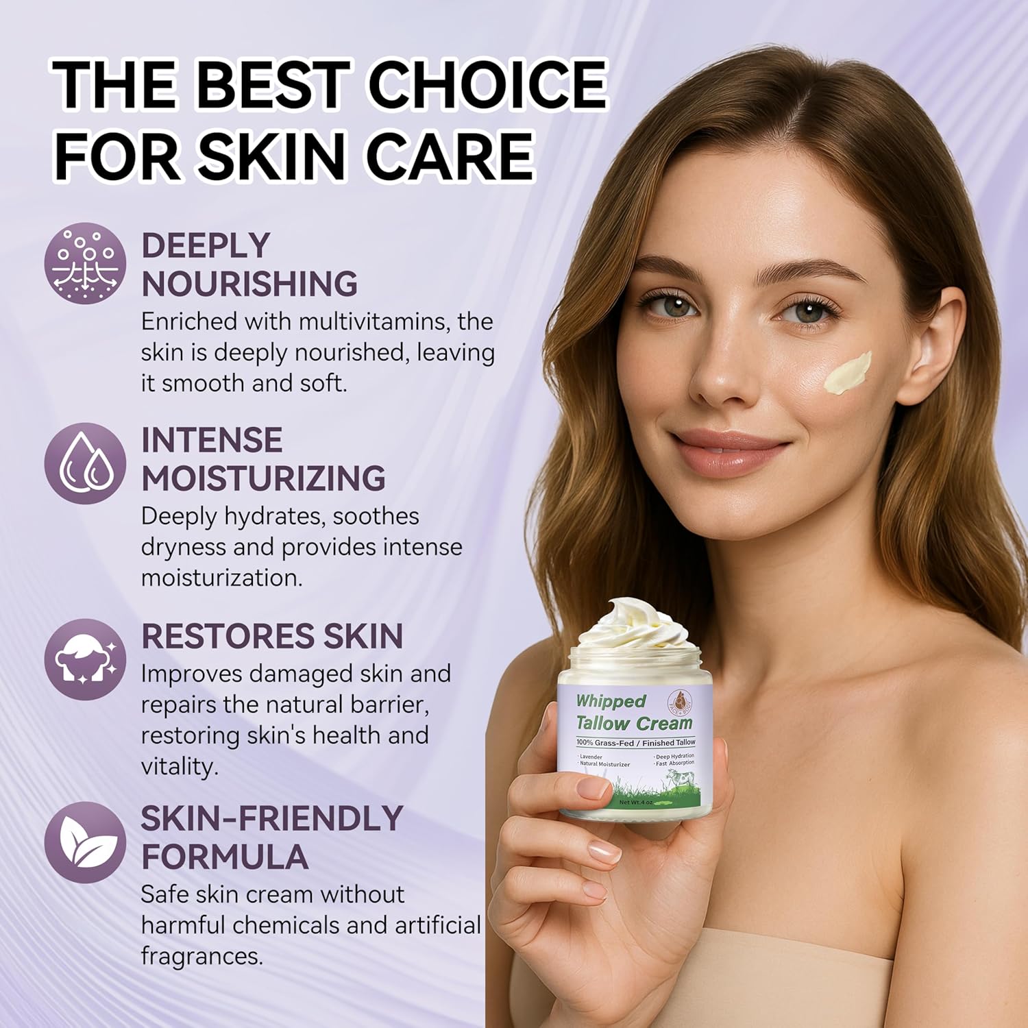 Beef Tallow for Skin, Organic Tallow Face Moisturizer, Whipped Grass Fed Beef Tallow Balm Cream for Skin Care Face Body, Deep Hydrate and Nourish Dry Skin, Lavender - 4 oz - Image 4