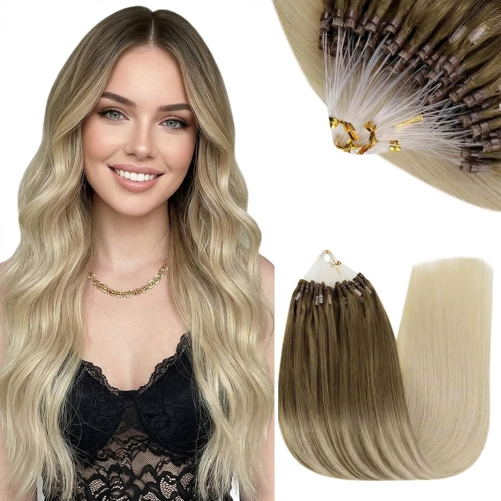 RUNATURE 18 Inch Nano Hair Extensions Real Human Hair Black Balayage Brown Nano Beads Hair Extensions Real Human Hair Ombre Blonde Invisible Straight Remy Nano Rings Hair 50g 50s #1b/4/27 — view 17