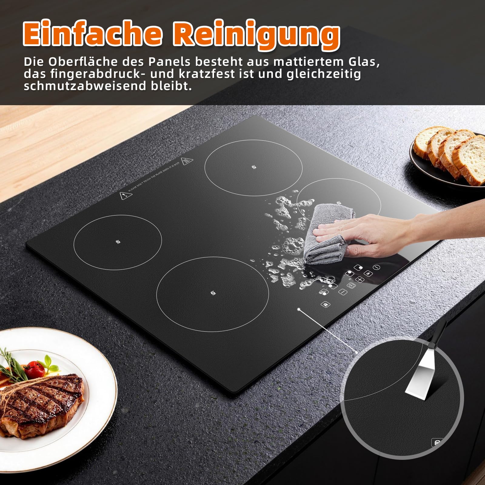 Glaskeramikkochfeld mit 4 Kochzonen, 60cm Einbau, Herdplatte 4 Kochfelder,Touch-Steuerung, 6000W, 9 Leistungsstufen, 1-99 Min. Timer, für alle Topfarten