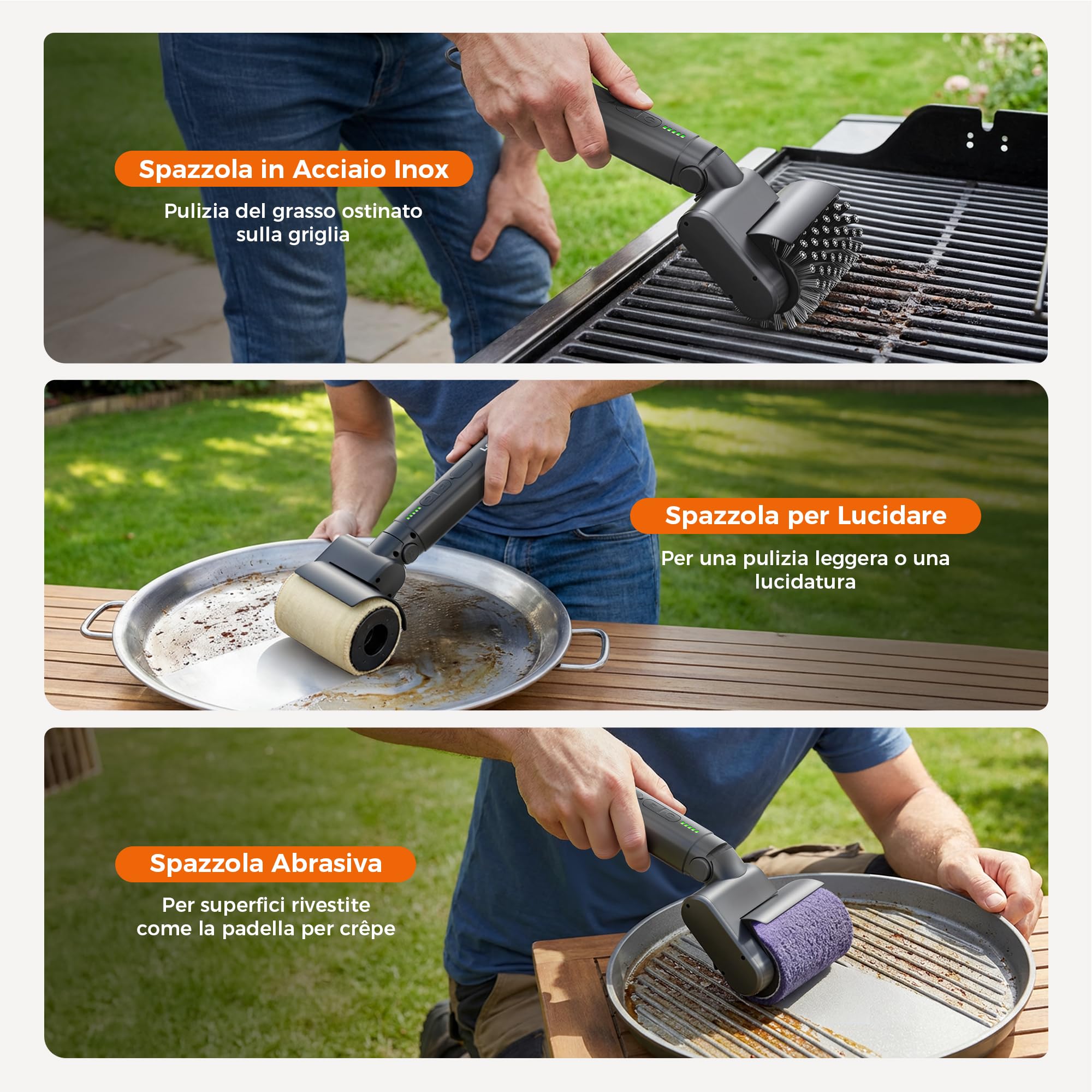 Leebein Spazzola Elettrica per Barbecue, 3 Velocità, Angolo Regolabile, 3 Testine, 150 Min Autonomia, Resistente all'Acqua