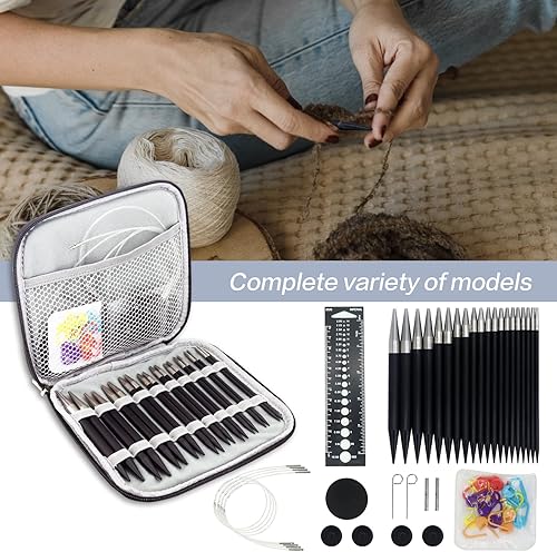 Miniatura 7 de Ruidi Juego de agujas de tejer de lazo intercambiable redondo de ébano de 10 pares
