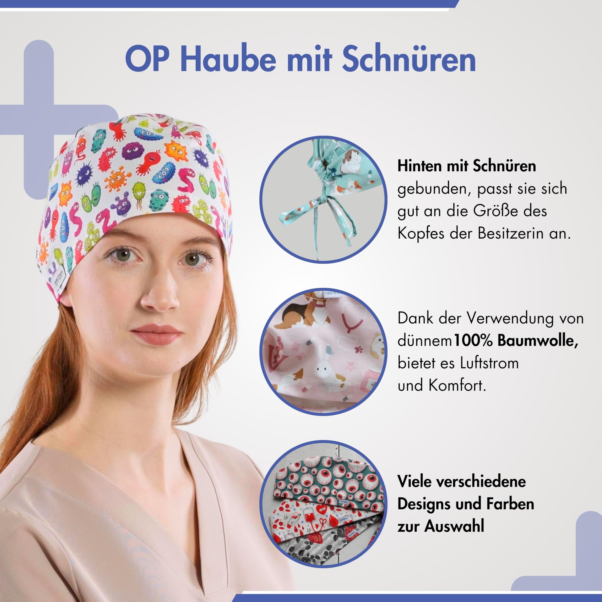 OP kaptur ze sznurkami, akcesoria do kostiumu lekarza, unisex, materiał wielokrotnego użytku, akcesoria dla pielęgniarki, bawełna, czepek medyczny - czaszka, róże, pistolety