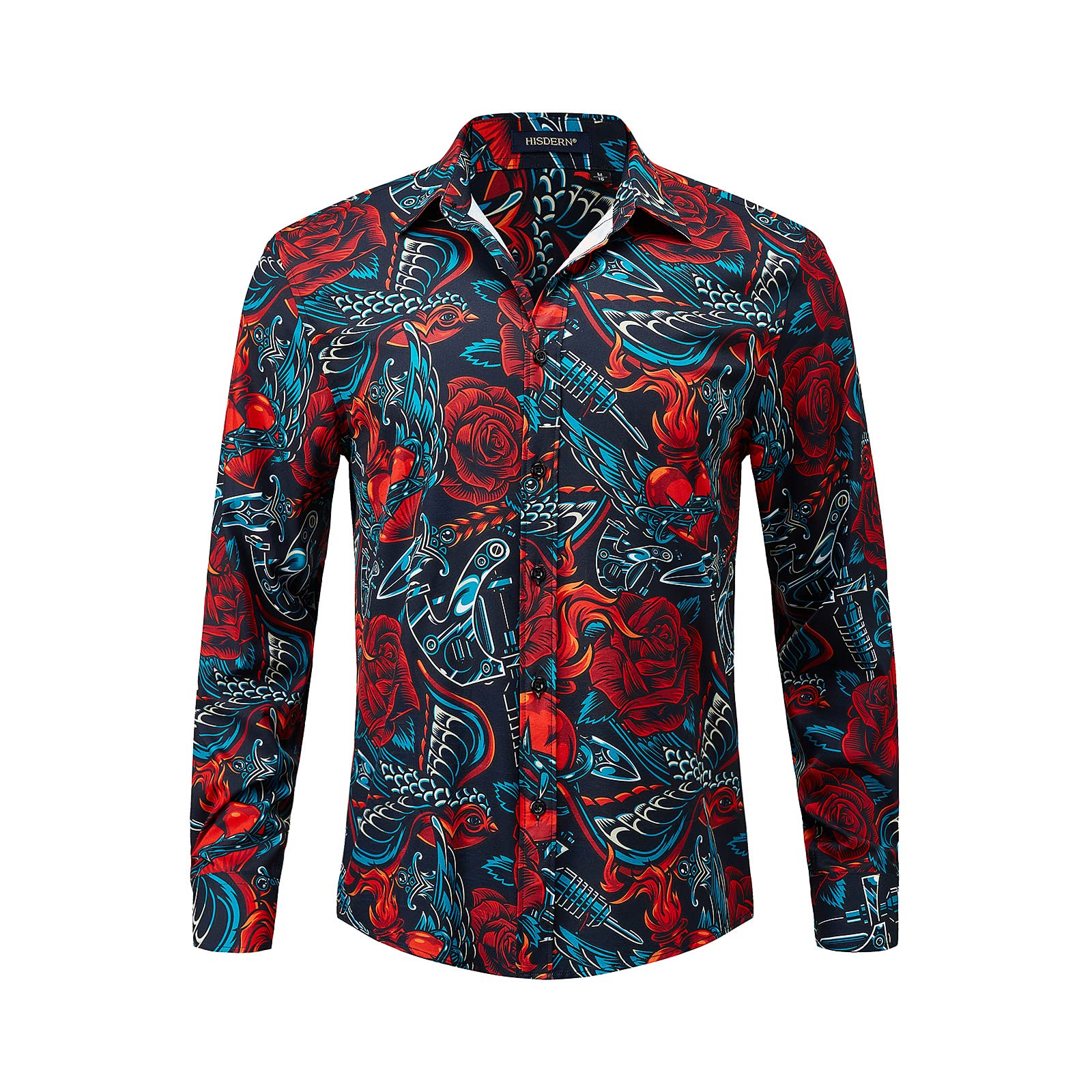HISDERNMen's Luxury Gold Paisley Printed Shiny Shirts Long Sleeve Button Down Stylish Dress Shirts for Wedding Party Prom