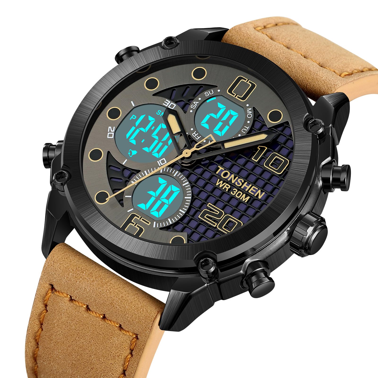 TONSHEN Orologi da Polso Uomo Acciaio Inossidabile e Pelle Cinturino Digitale Multifunzione LED Elettronico Tre Tempo Outdoor Militare Sportivo Orologio
