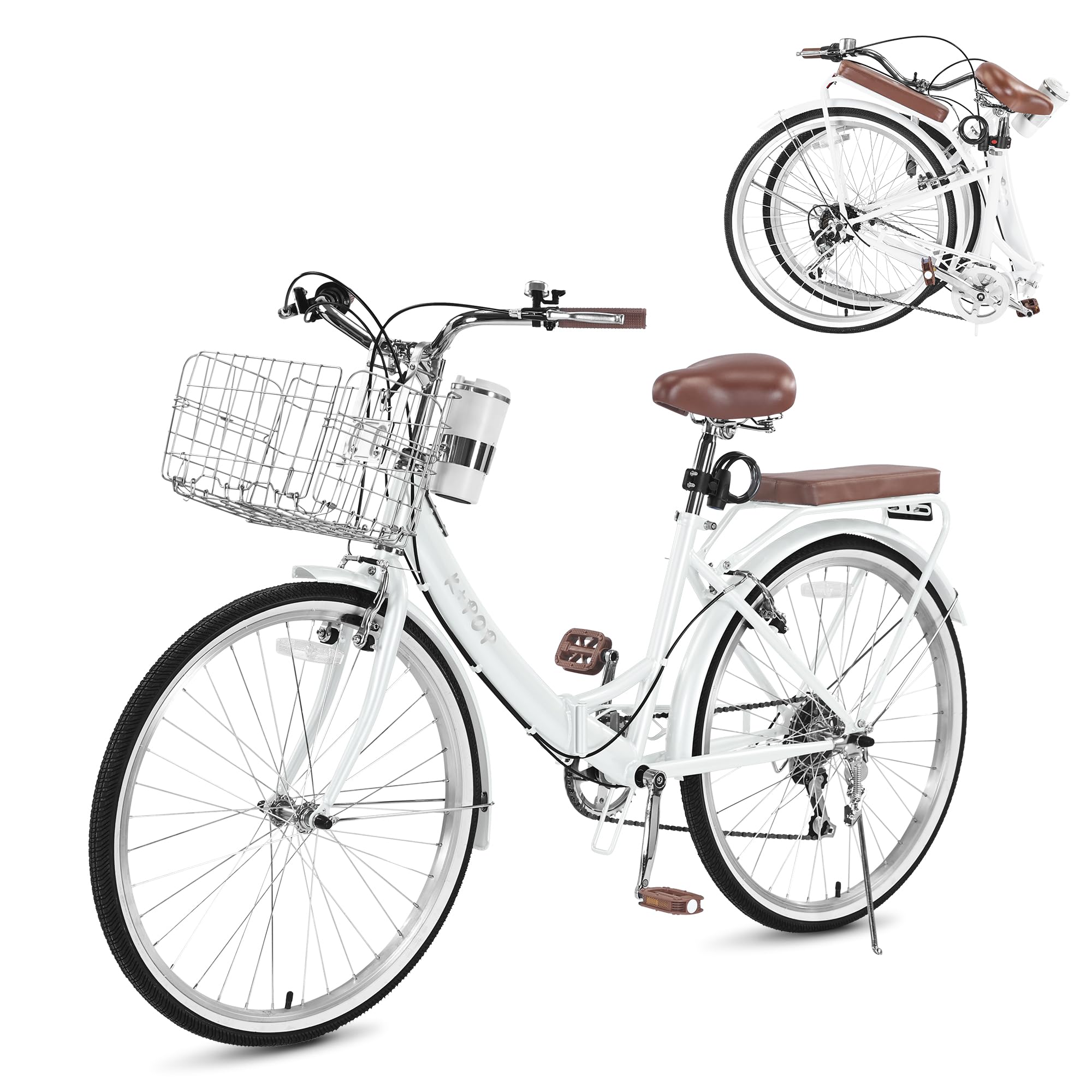 24/26 Inch Folding Beach Cruiser Bike for Women, 7-Speed Foldable Bicycle with Basket &amp; Cup Holder, Adult Commuter Bike with Adjustable Seat, Dual V-Brake System