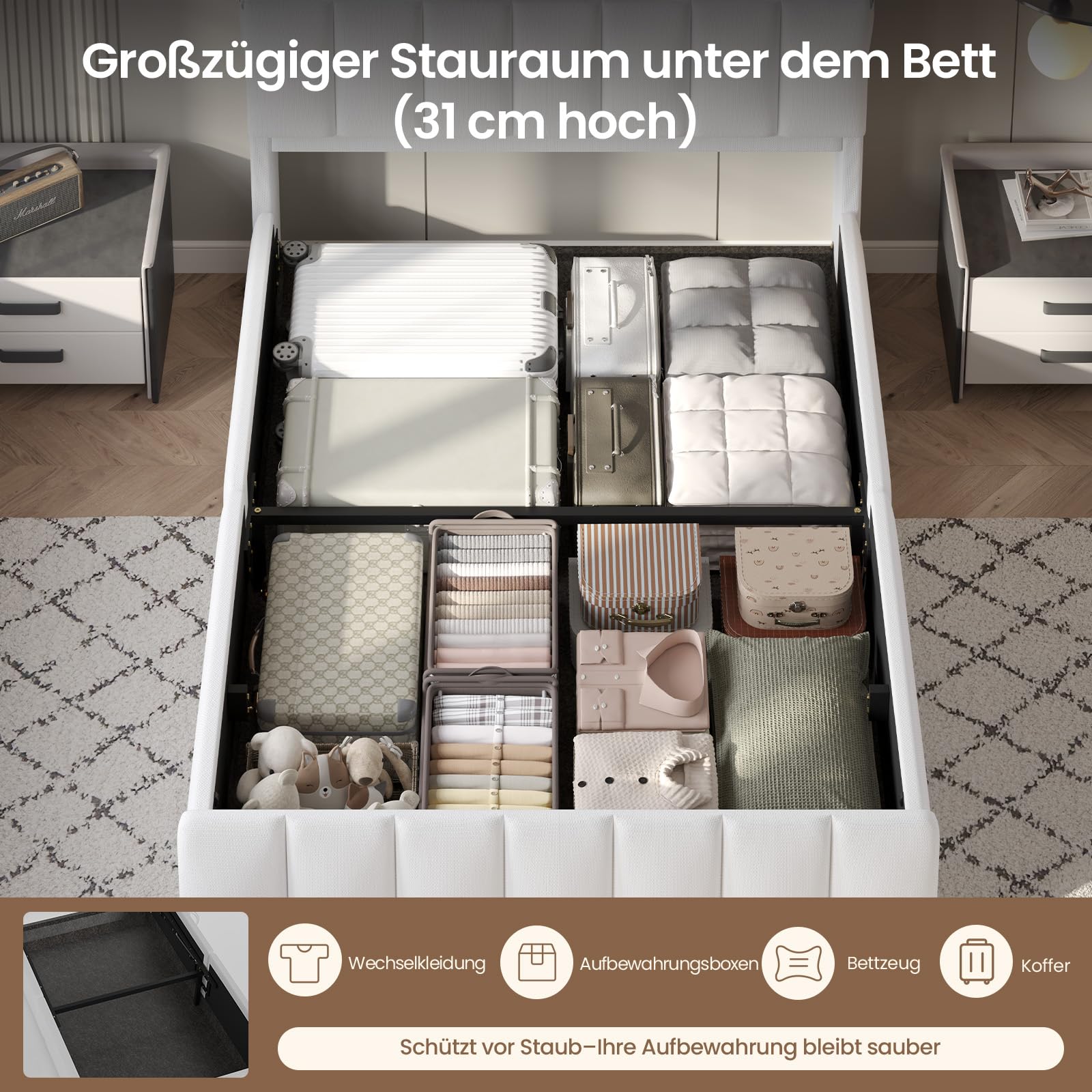 DICTAC Bett 140x200 mit Lattenrost & LED Beleuchtung – Stauraumbett mit Bettkasten, Polsterkopfteil & USB Ladestation – Weißes Polsterbett 140x200, Doppelbett für Jugendliche & Erwachsene