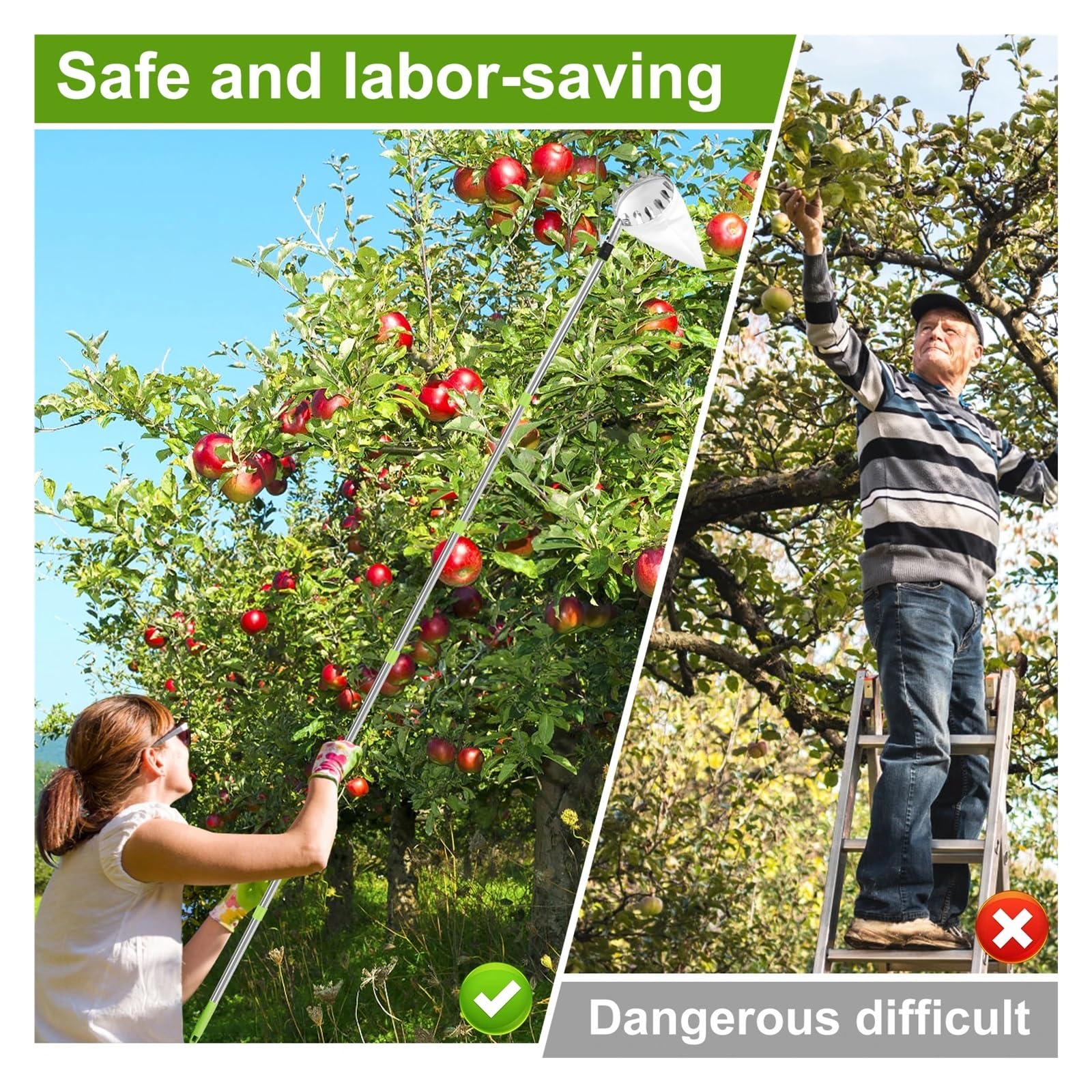 Cueille Fruit Telescopique Outil de cueillette Fruits en métal 3,2 m, Outil vergers Jardinage avec Sac Rangement(1.5M)